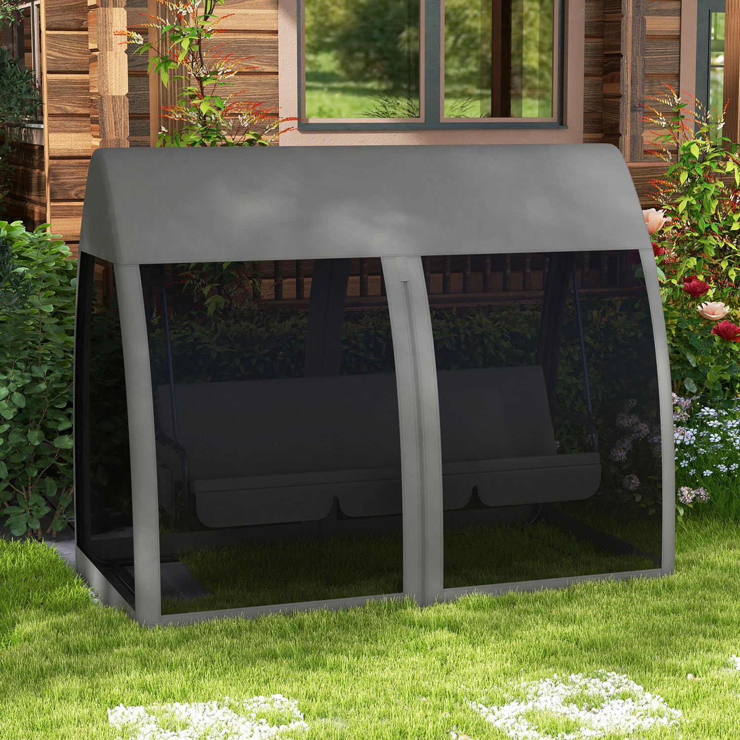 2 In 1 Swing With Lounger Function 3-seater Garden Swing With Canopy, Net, Swing Bench Load Capacity Up To 300kg, Garden Lounger For Garden, Terrace, 240 X 140 X 197 Cm, Coffee
