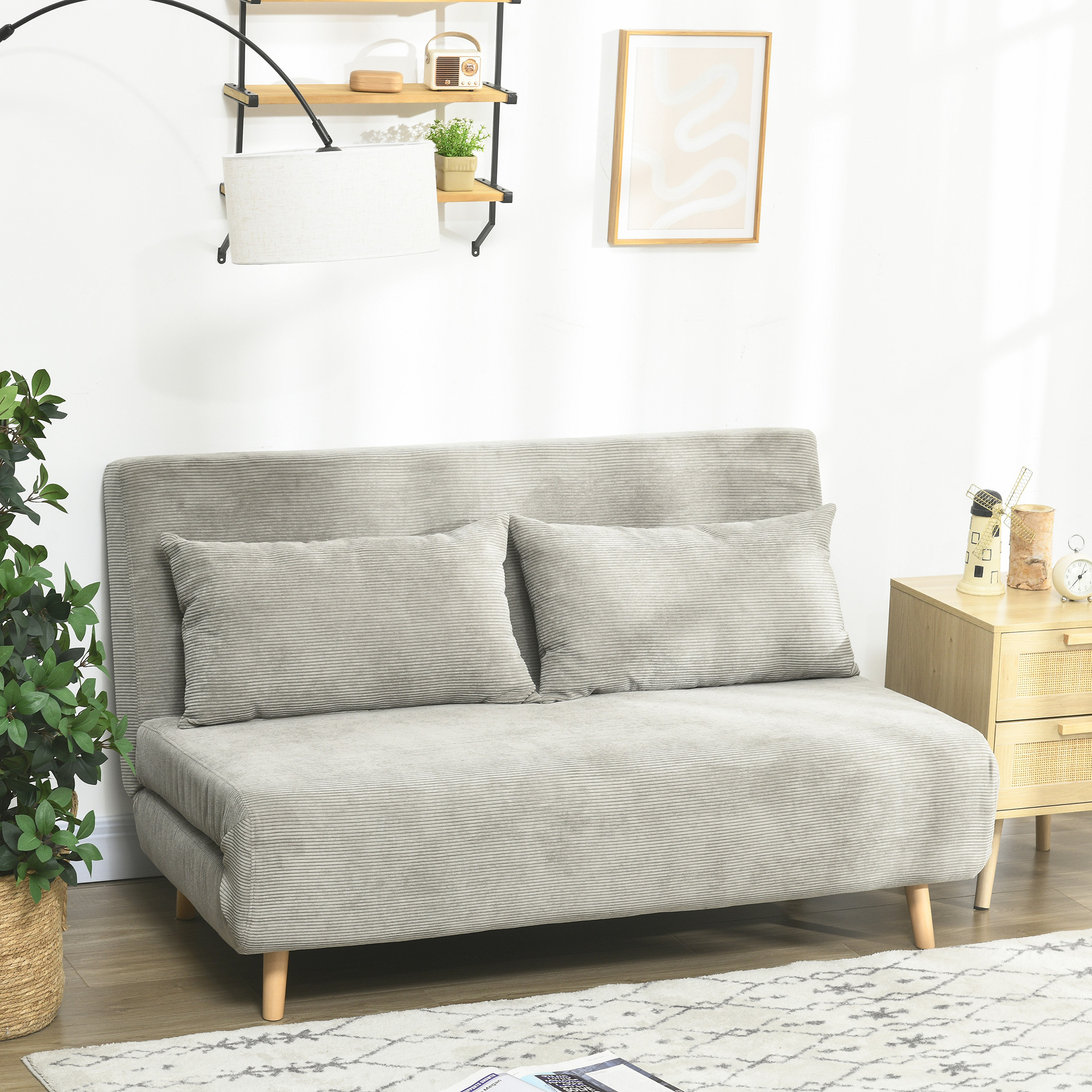 3 In 1 Sleeper Sofa 2 Seater Sofa With Sleeping Function, 191 X 141 Cm Foldable Couch Sleeper Sofa With 3-stage Adjustable Backrest And Cord Optics For Living Room, Grey