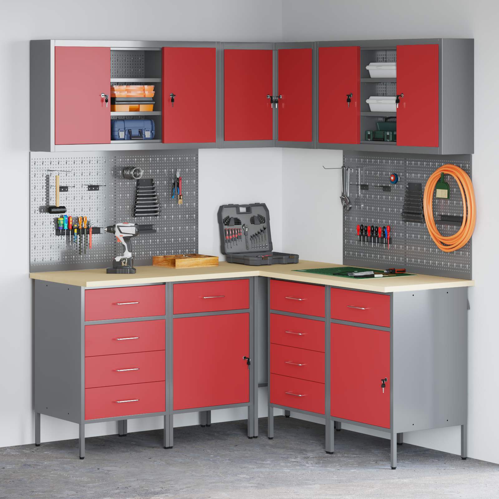 Vidaxl Tool Cabinet Set 4 Pcs Red Powder-coated Steel, Tool Cabinet, Industrial Wall Shelf, Metal Storage, Garage Pegboard Organizer System