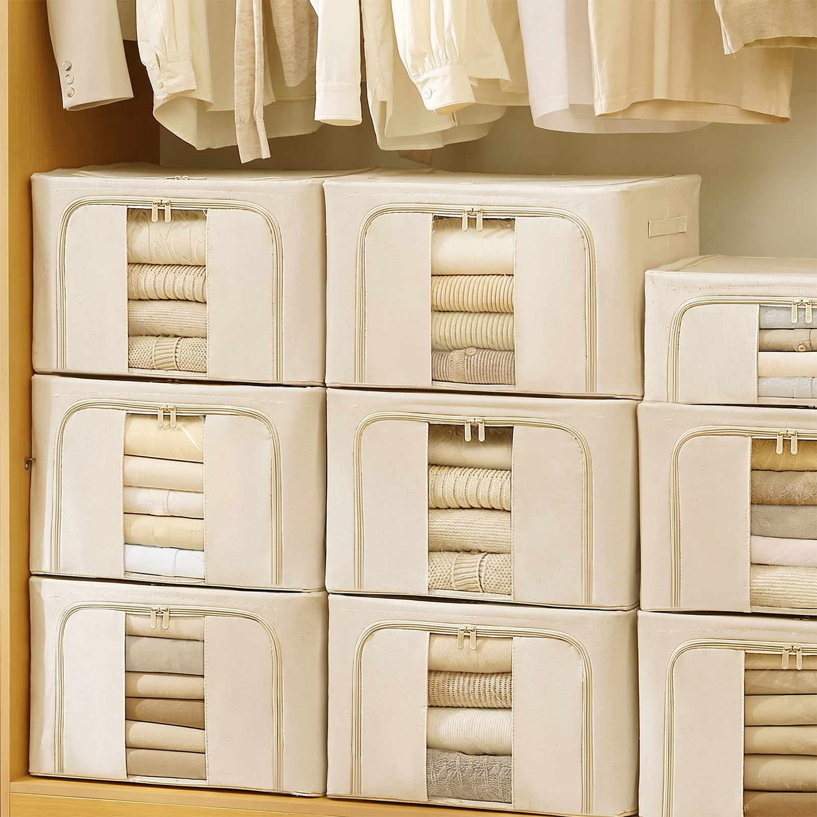 TEMU 3-pack Foldable Oxford Cloth Storage Boxes With , 66l Large Capacity Wardrobe Clothes Storage Bags With Handles And Transparent Window, Durable