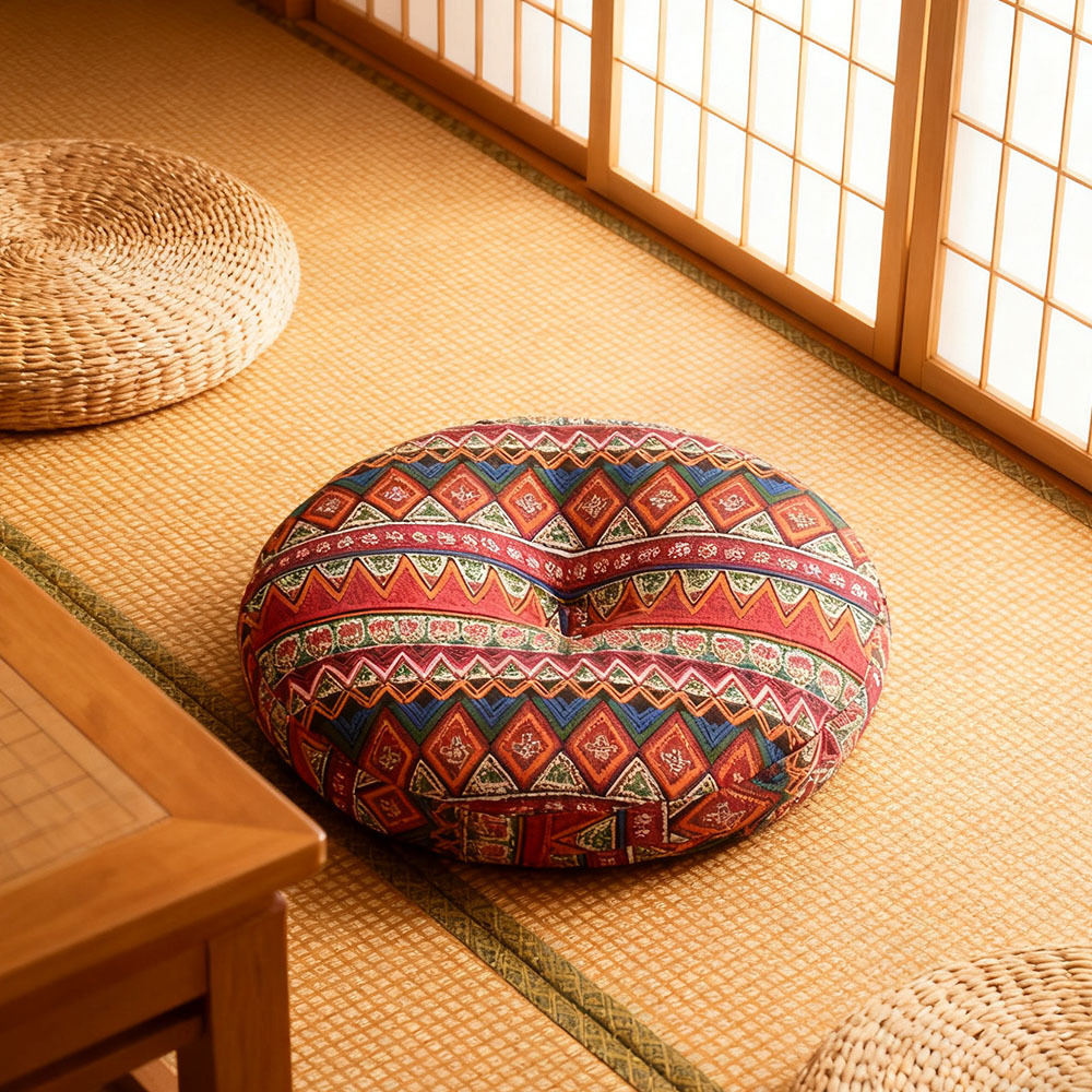 TEMU 1pc Bohemian Style Round Seat Pad Cushion | Soft Breathable Linen Fabric Floor Seat Mat 40x40x15cm | Zippred Design | Machine Washable, For Bay