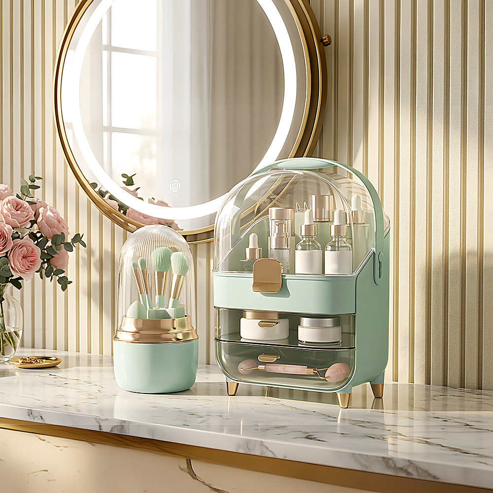 Cosmetic Storage Box with Rotating Brush Holder