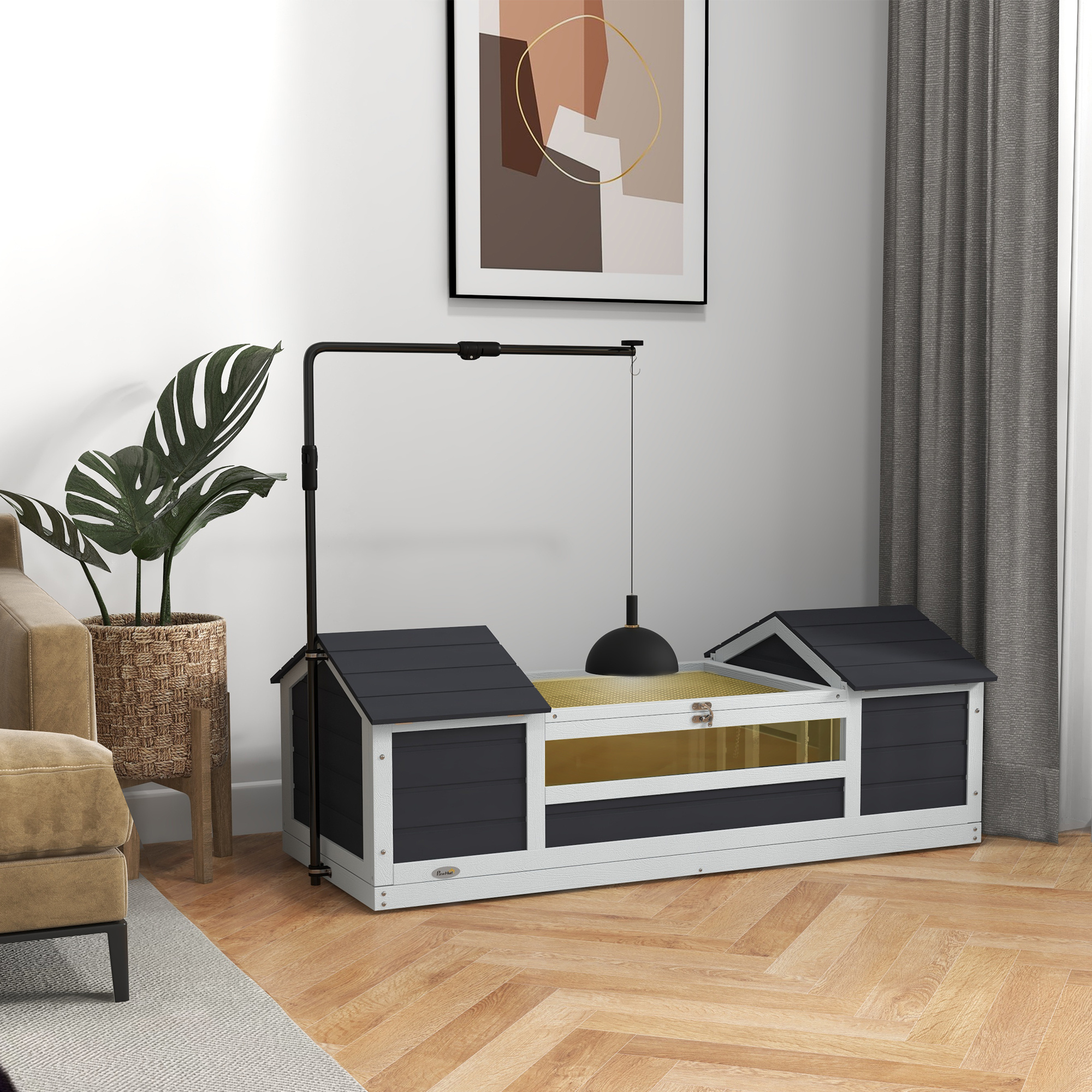TEMU PawHut Maison tortue extérieure, enclos tortue en bois, 2 niches, support de lampe réglable, toit ouvrable, cage pour tortue de , fenêtre en