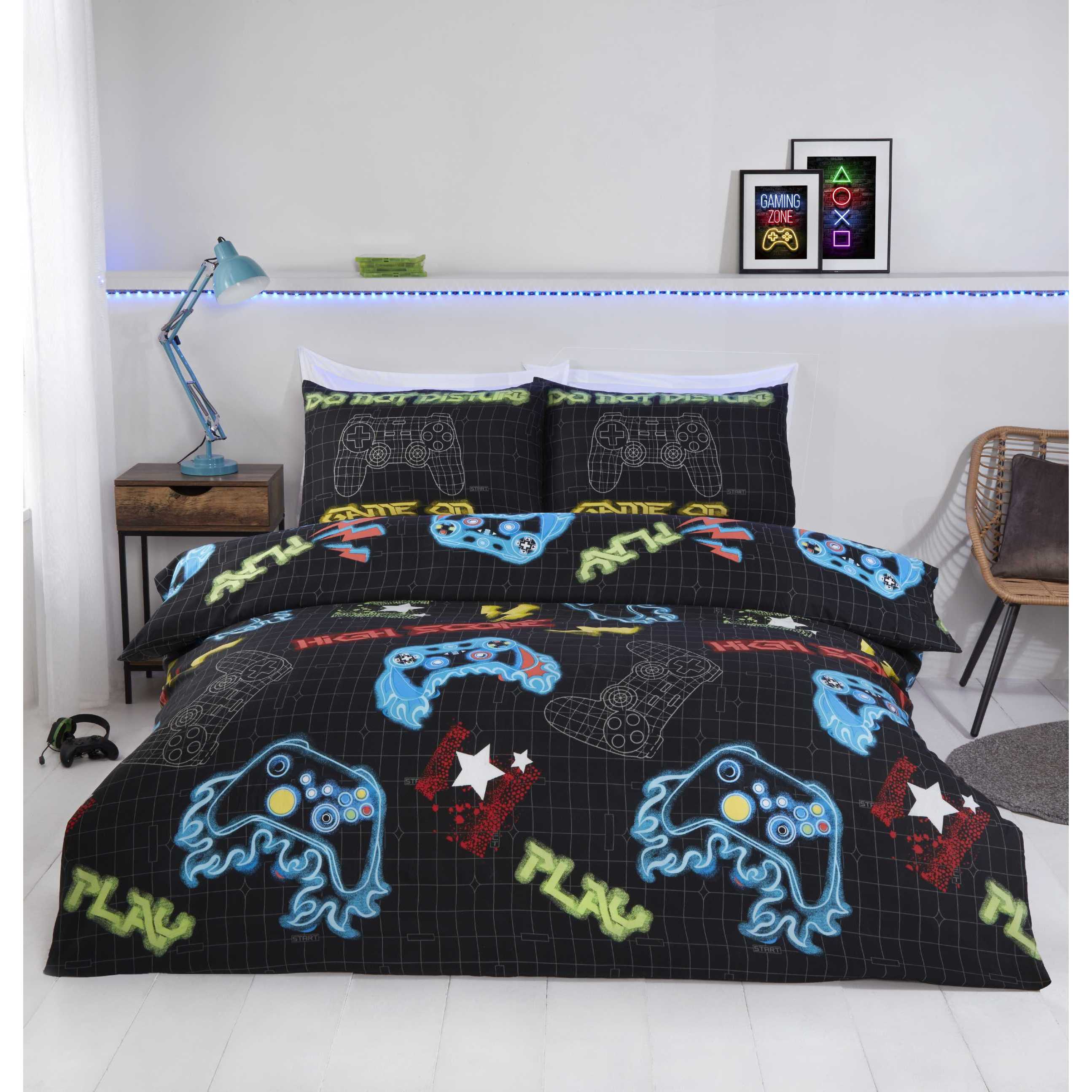 TEMU Neon 180 Microfibre Duvet Cover Set – Soft, Lightweight & Gaming Controller Print | Reversible Glow- | Single & Double Sizes | Includes Matching