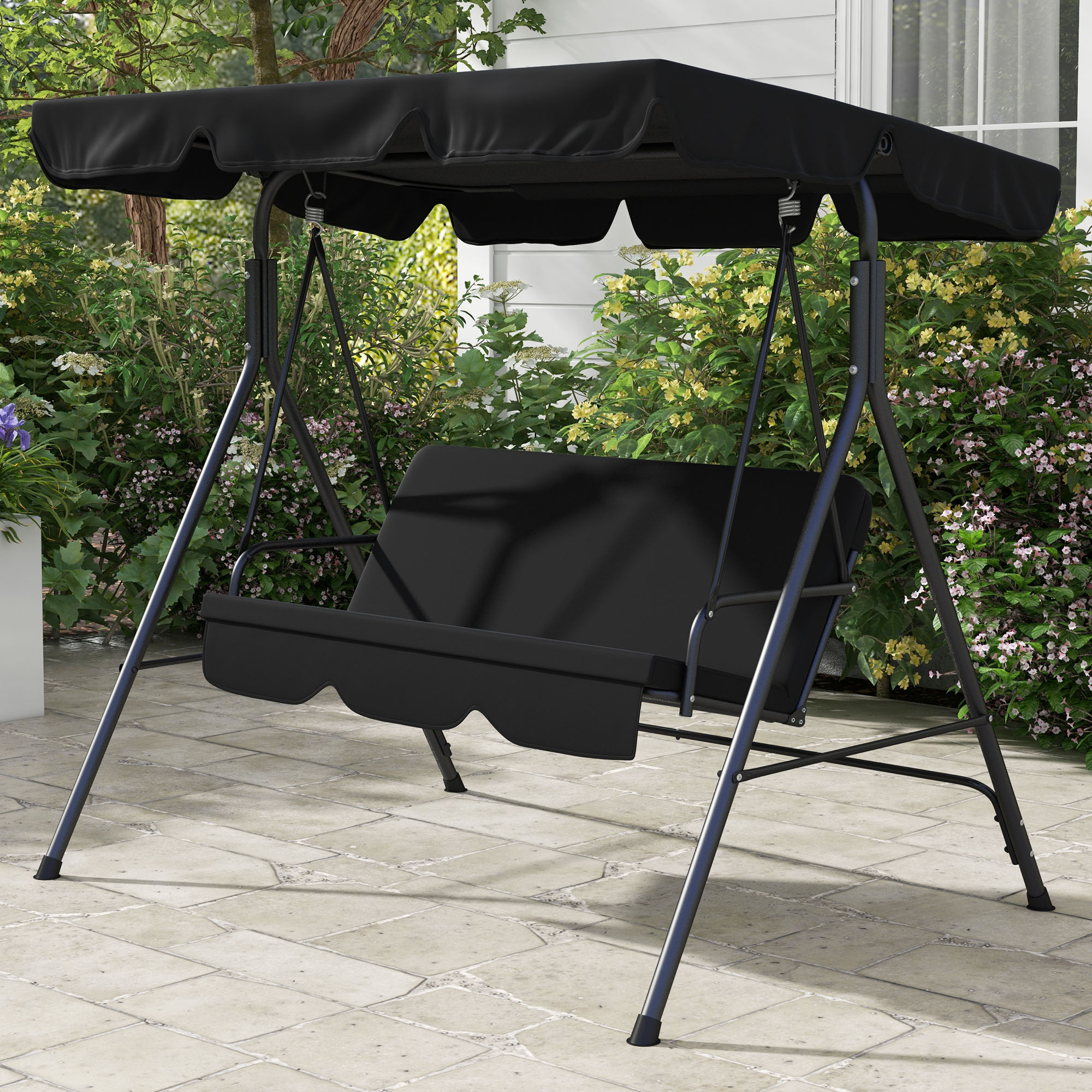 Balancier de jardin Outsunny 3 sièges, siège et dossier réglables, coussins 1,72L x 1,1L x 1,53H m noir acier noir polyester