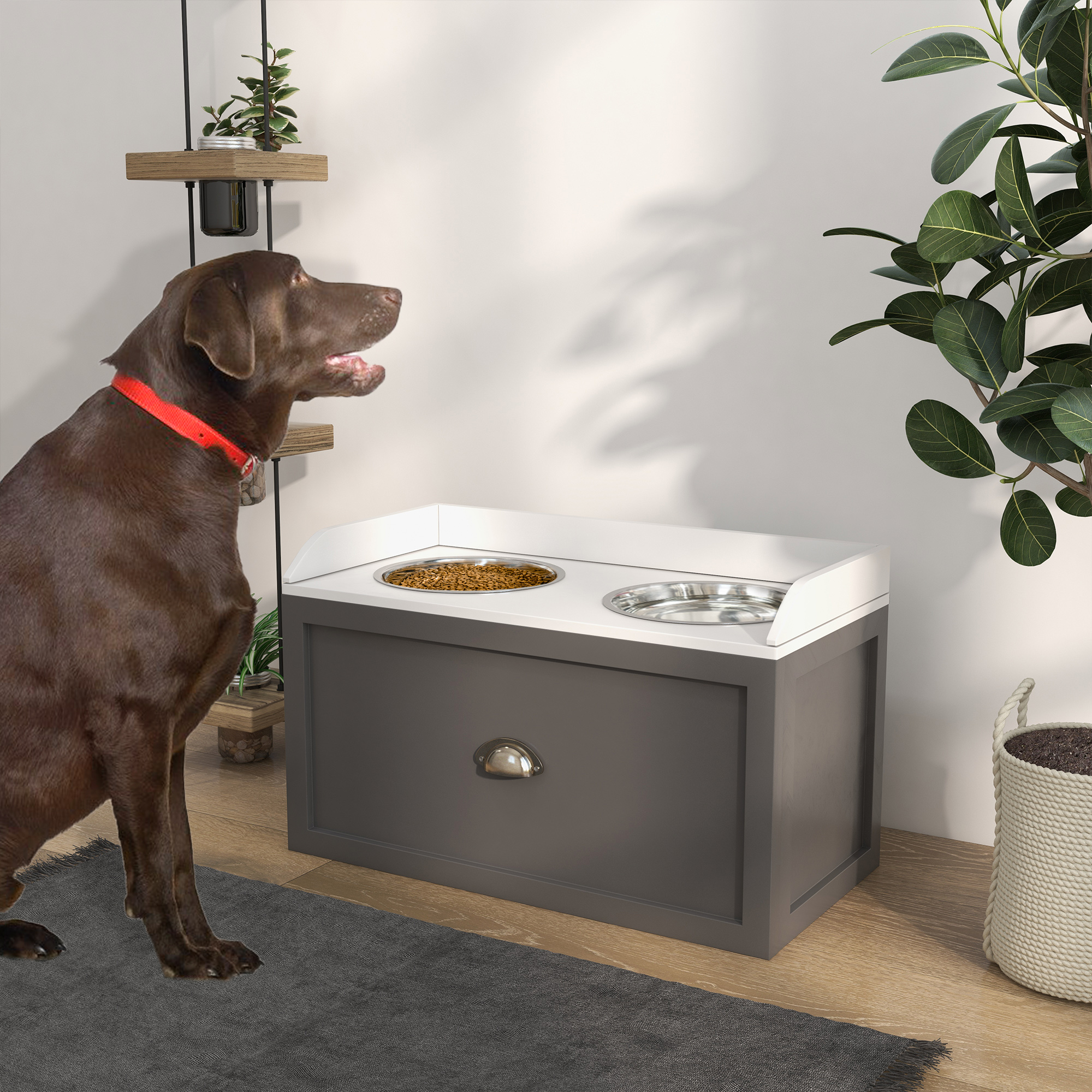 Image of Elevated Dog Bowl Feeder With Stand, Food Bowl With Drawer, 2 Stainless Steel Bowls, Feeding Station For Large Dogs, 36 Cm High, Grey