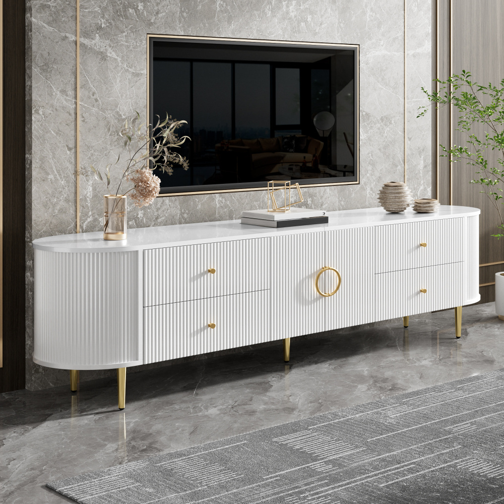 Image of Low Tv Cabinet Made Of Sturdy Mdf, Doors With Three-dimensional , Rounded Edges, Drawers And Double Door, Aluminum Handles, Stable Iron Feet, Cable Pass-through, As A Lowboard For Living Room