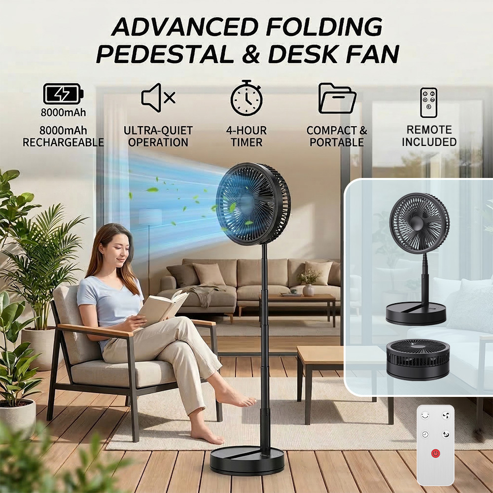 Portable Foldable Standing Fan With 8000mah Rechargeable Battery,height Adjustable 15.75-41.75 In, 4 , , Remote Control For Bedroom, Camping, Office, Desk