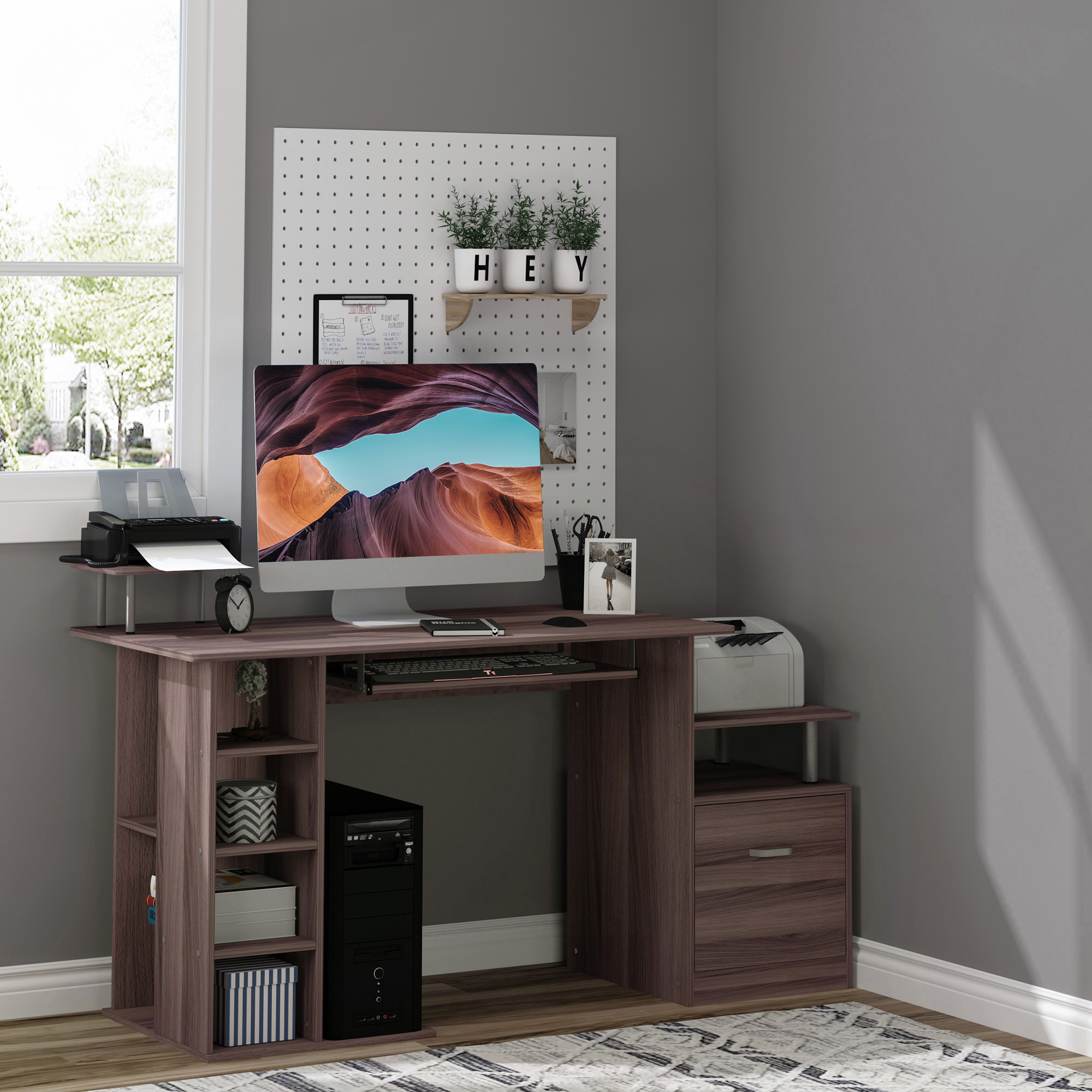 Image of Homcom Desk With Drawers, Shelves And Removable Keyboard, Brown Wooden Office Desk For Home 152x60x88cm