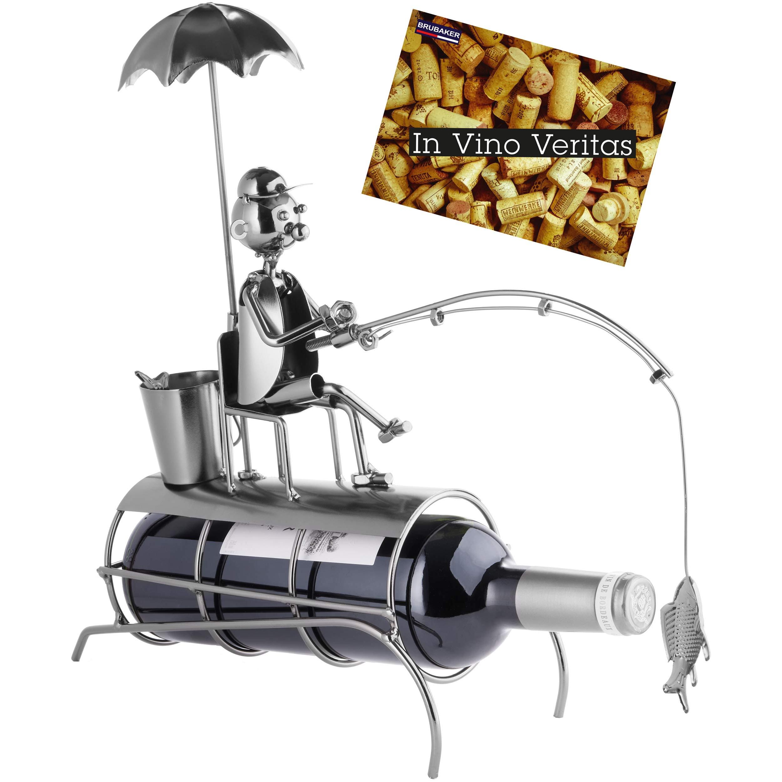 Image of Brubaker Wine Bottle Holder Angler With Parasol And Fish On - Silver Bottle Holder - Decorative Gift Metal Figurine - Wine Gift Bottle Stand With Gift Card