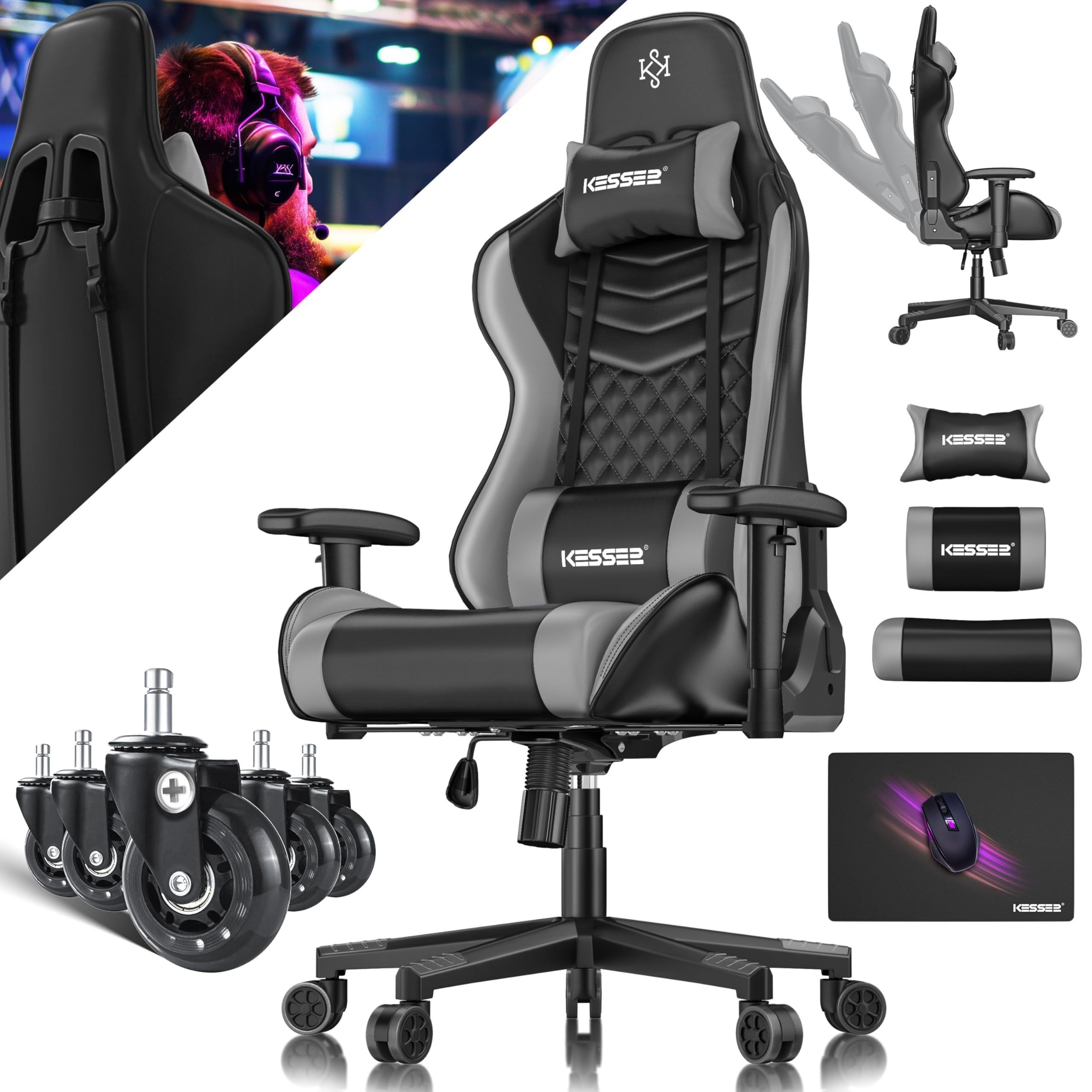 Image of Kesser Gaming Chair Ergonomic Gaming Chair Office Chair With Headrest And Lumbar Cushion Racing Gamer Chair 150kg Loadable Armrest 360 Degree Rotatable Desk Chair With Wheels