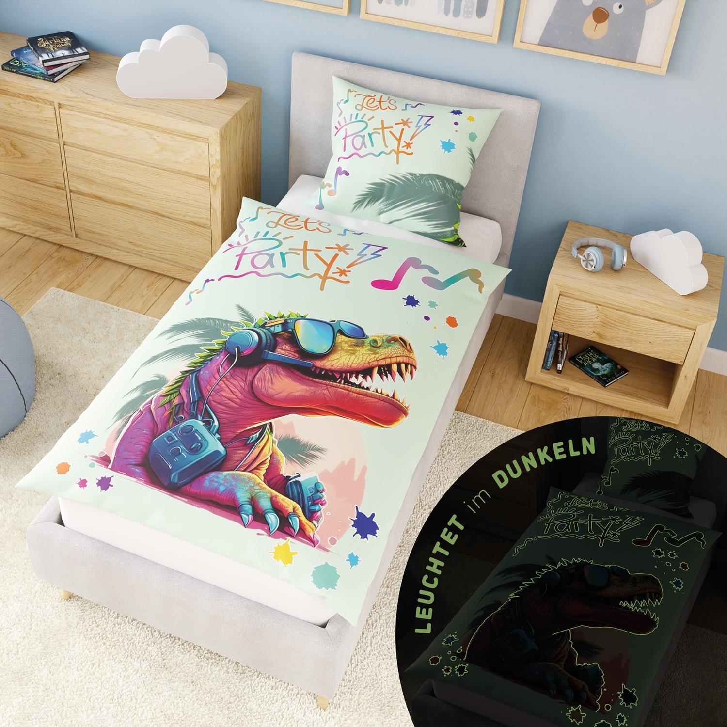 Cool Kids Dinosaur Bedding Set 135x200 Cm, 100% Cotton, Includes Duvet Cover 135x200 Cm And Pillowcase 80x80 Cm. Glow In The Dark Dinosaur Bedding For Boys And Girls. Luminous Bedding Set 135x200 Cm