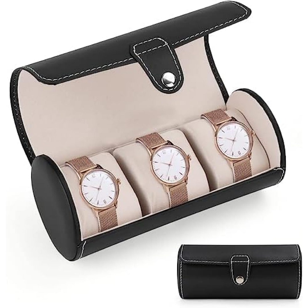 Image of 3-slot Travel Watch Case - Compact, Portable & Durable For Watches, Jewelry, And Accessories, Pu Leather, Pressure-resistant With Removable Watch Cushion For Display Or Home Storage
