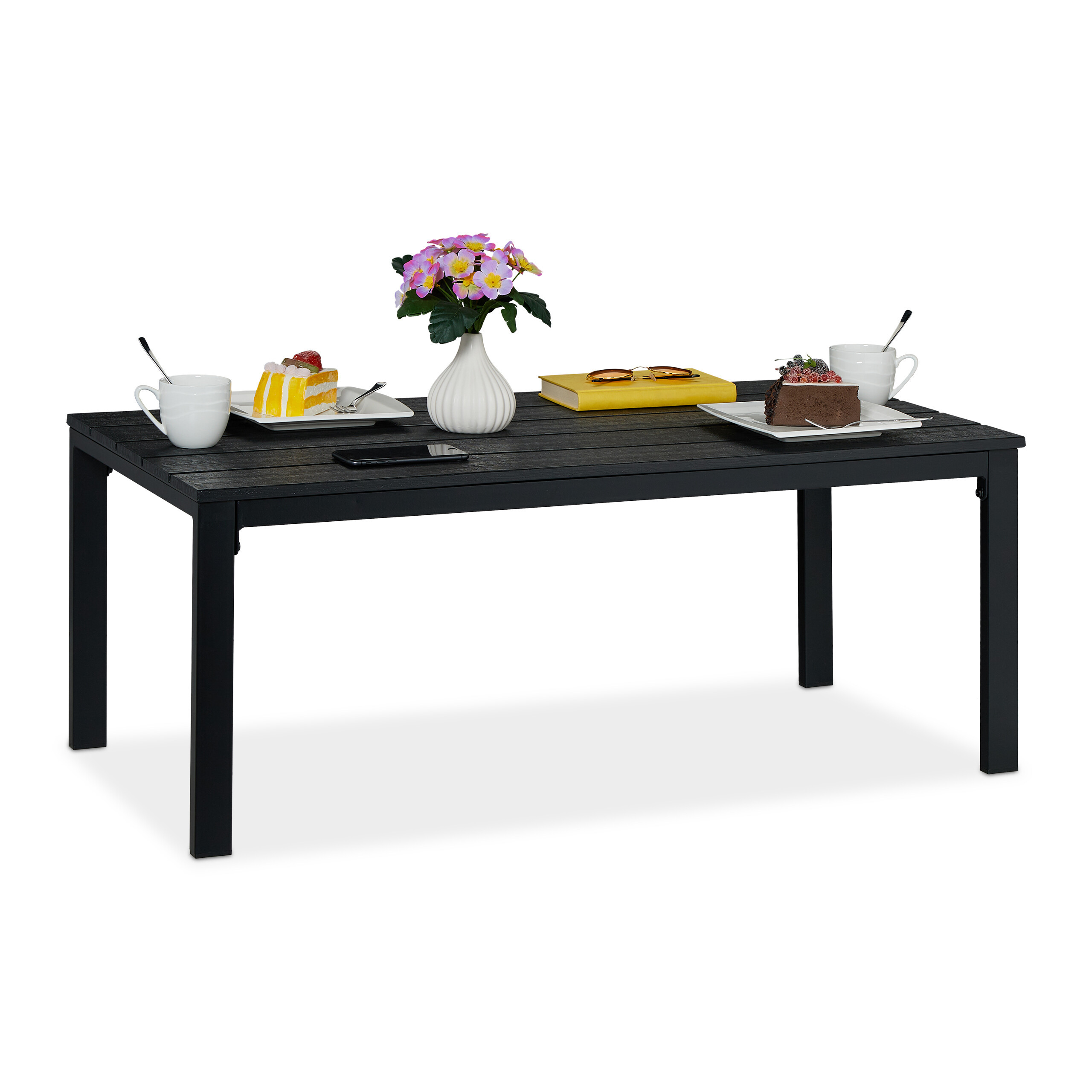 TEMU Table de jardin bois, 39 x 98 x 48 cm, structure en acier et plateau en plastique, noir, résistante aux intempéries et facile à nettoyer, pour