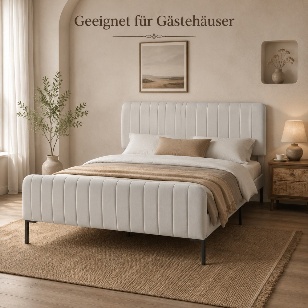160x200cm Beige Velvet Upholstered Bed With Height-adjustable Headboard, Stable Bed Frame With Pine Wood Slatted Base, Load Capacity Of 485lbs