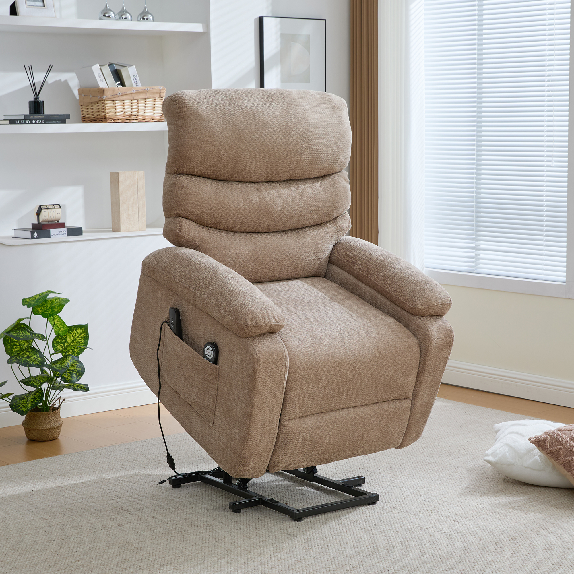 Multifunctional Recliner Chair With Assist, Adjustable Backrest And Footrest, And Side Storage Pockets. Taupe