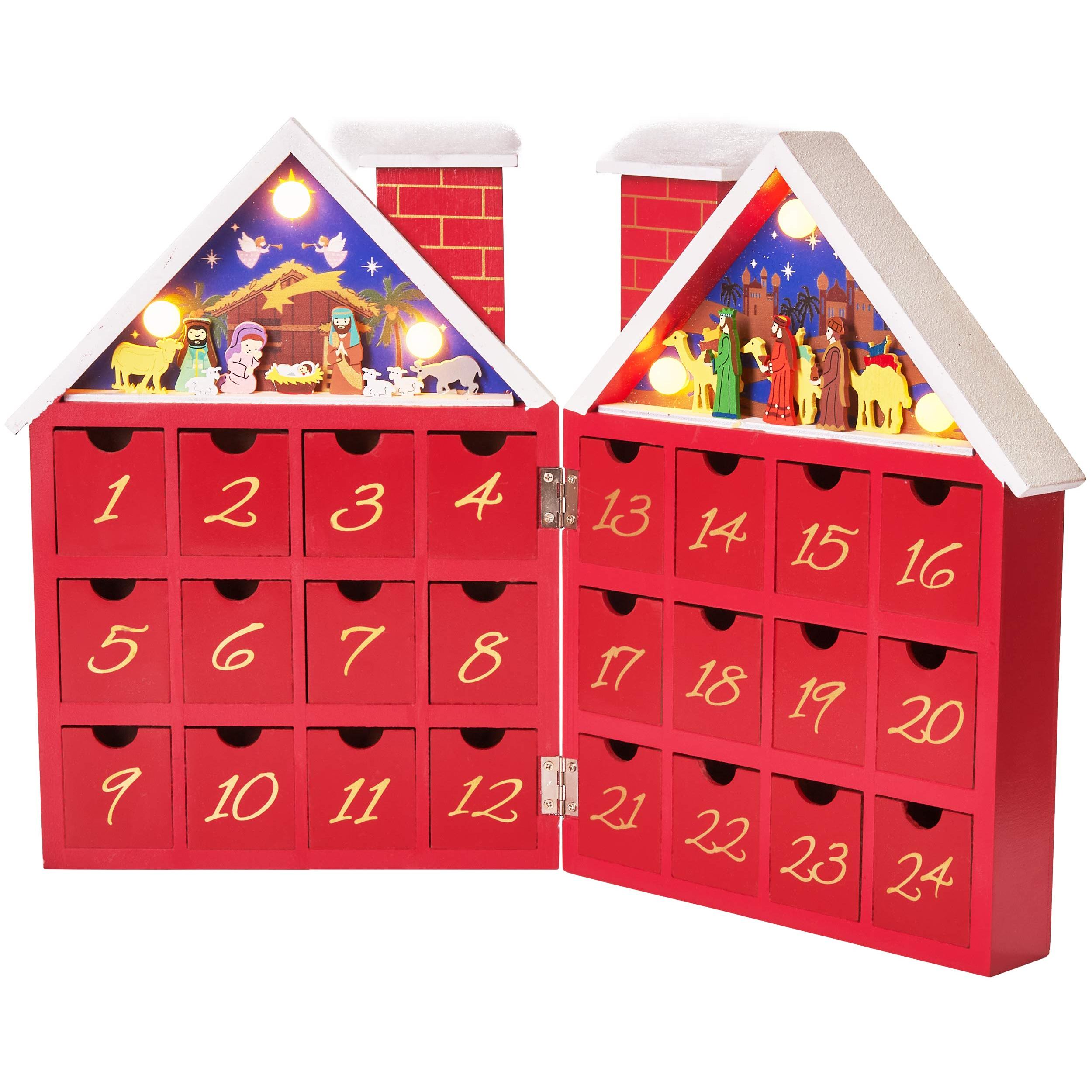 Image of Brubaker Wooden Fillable Advent Calendar - House With Nativity Scene And Led Lighting - Reusable Diy Christmas Calendar 21 X 9 X 30 Cm
