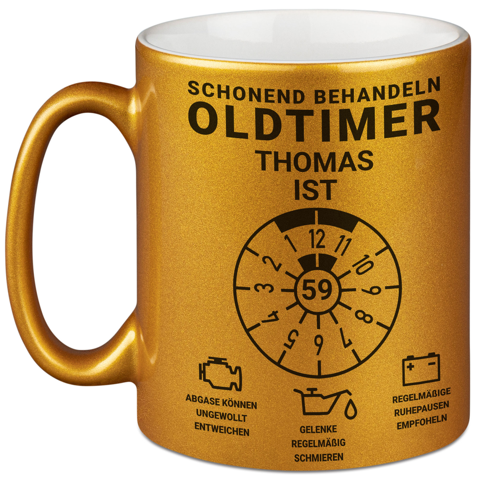 Image of Personalized Mug 59th Birthday, Handle With Care Is 59, 59th Birthday Funny Gift For Men And Women, Metallic Mug, Ceramic Cup.