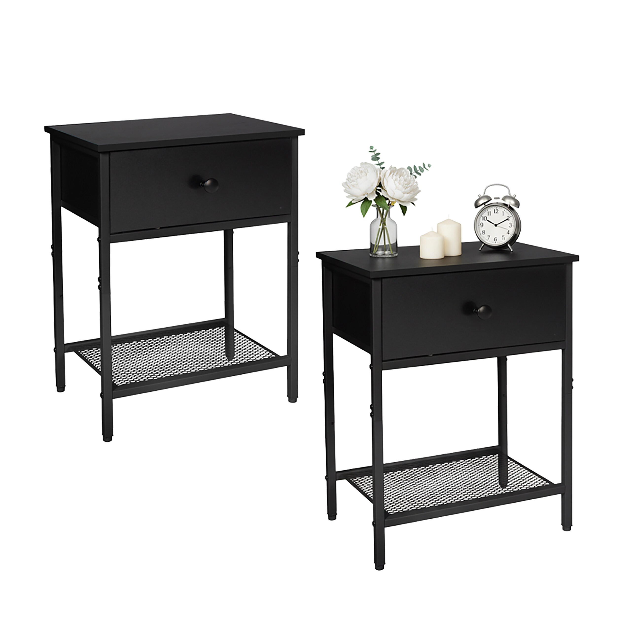 TEMU Mesitas de noche negras, conjunto de 2, 55 x 40 x 30 cm, MDF y acero con madera y tejido no tejido, cajón, estante abierto, patas regulables