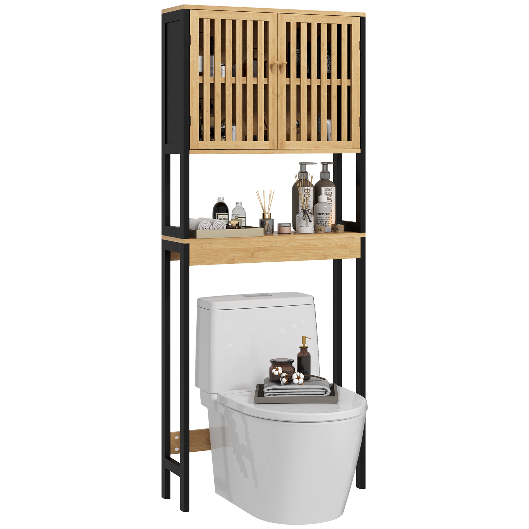 TEMU HOMCOM Armario de Almacenamiento para Inodoro, Muebles de Baño Sobre el Inodoro WC con Gabinete de y Estante Abierto 60L X 21.5L X 172H Cm Bambú