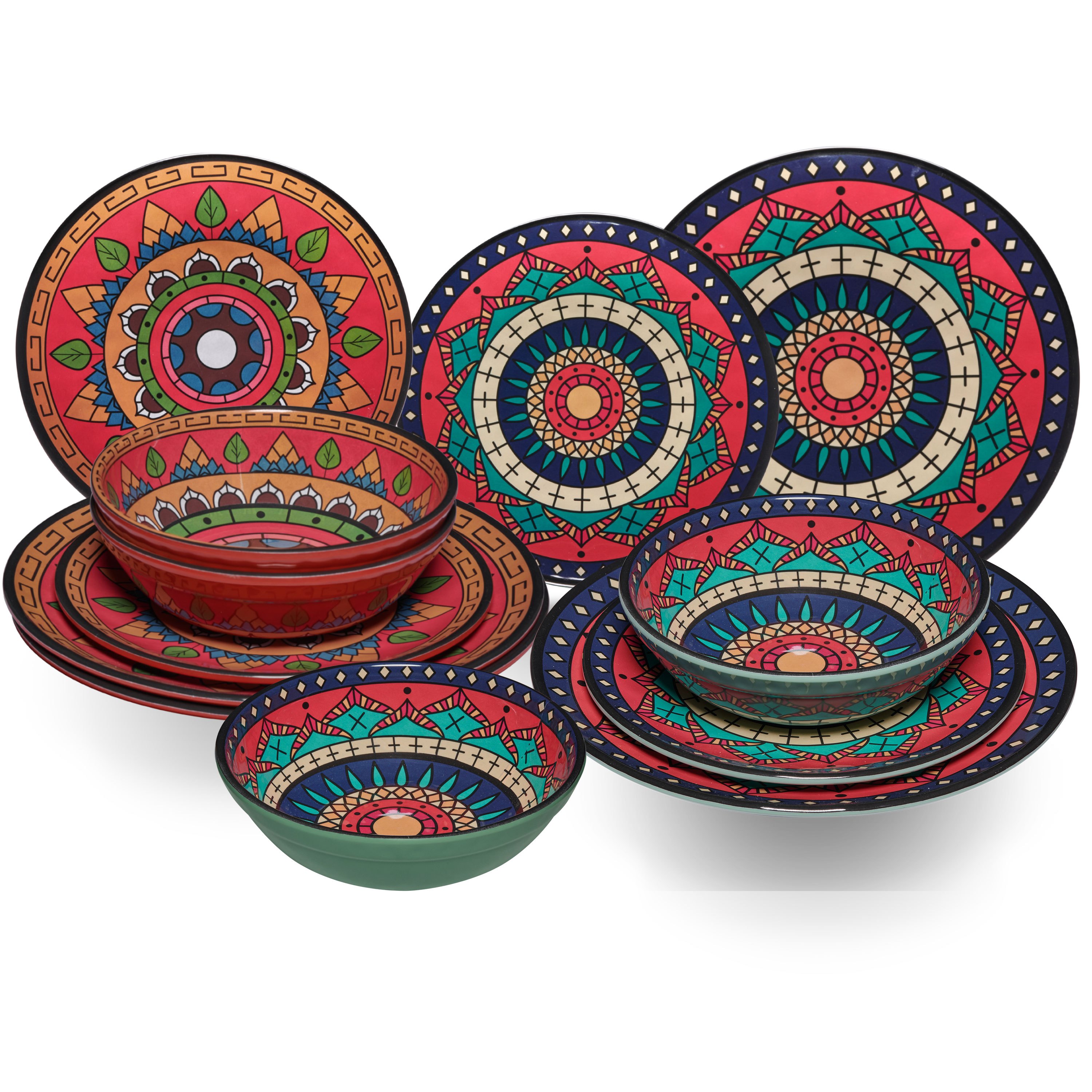 Melamine Dish Set Deep For - 12pcs - - Mandala Optics Dishwasher Safe Tableware Camping Accessories Camping Dishware Camping Festival Picnic Garden Party