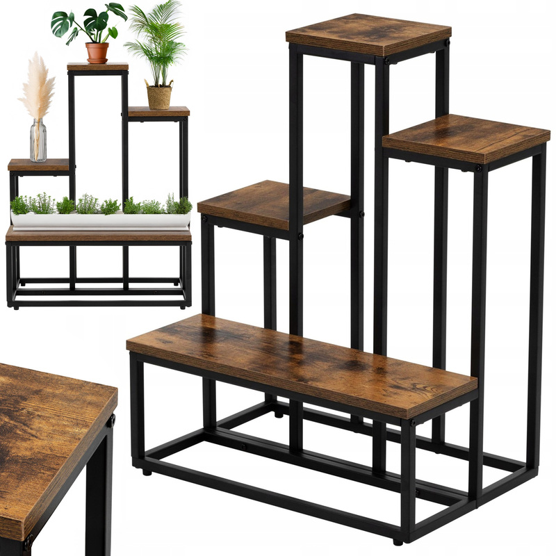 Image of Metal, Two-tiered, Standing Flower Stand For 6 Flowers, Rustic Oak Shelf, Dimensions Approximately 3 X 17.5 Cm, To 20 Kg, Stable Construction With Shelves For Storing Supplies, Containers.