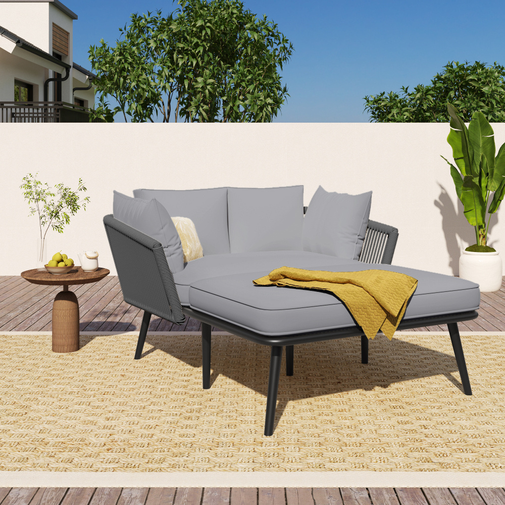 Garden Sofa With 2 Cushions And 2 Pillows, Sun Lounger In The Outdoor Area, Garden Lounge, Balcony Furniture Set, Lounge Furniture, Terrace Furniture, Cushions Are Removable And Washable, Beige.