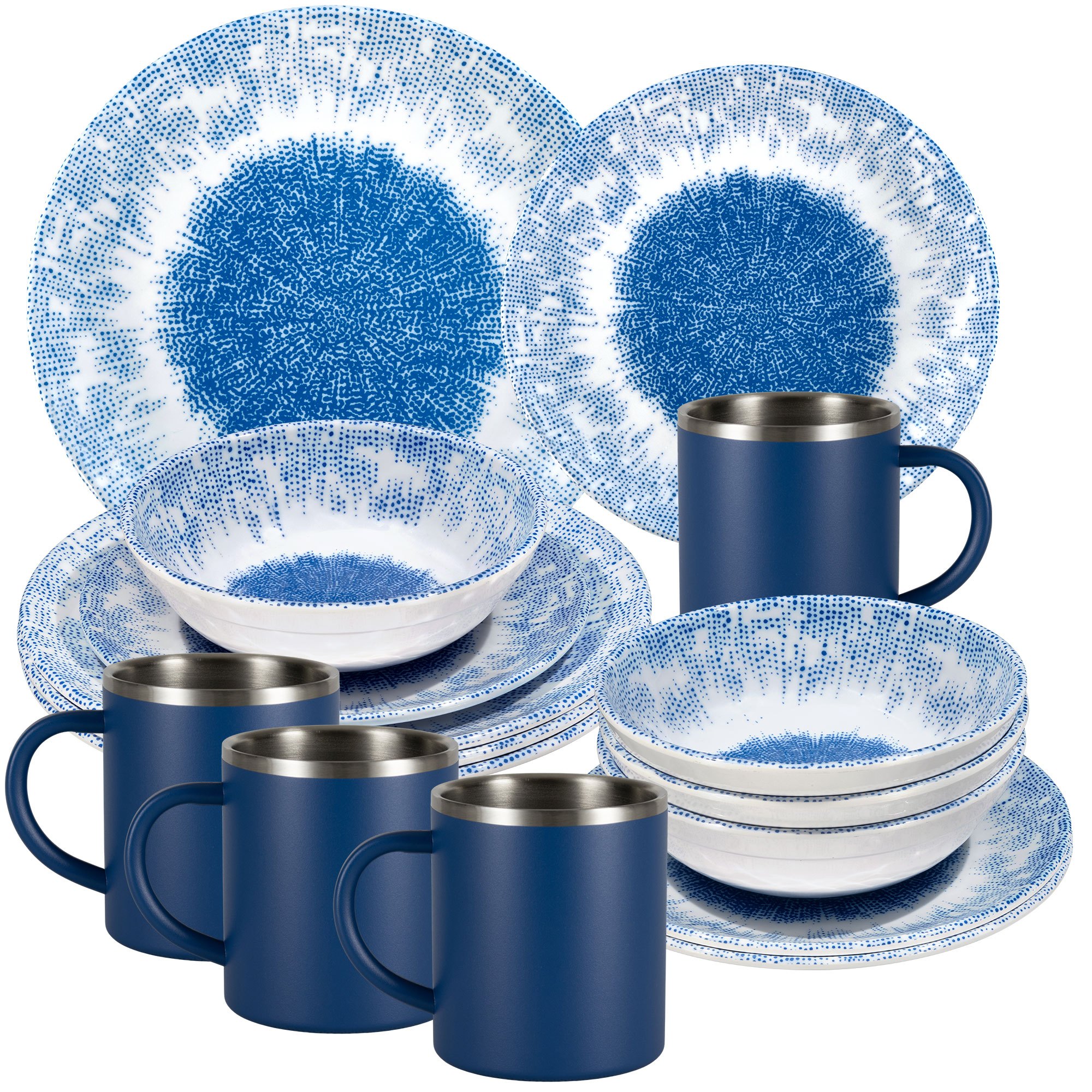 Image of Blue Camping Tableware For - 16 Pieces - With Stainless Steel Thermo Mugs, Dandelion, Dishwasher Safe, Dinnerware, Camping Accessories, Camping, Festival, Picnic, Garden Party