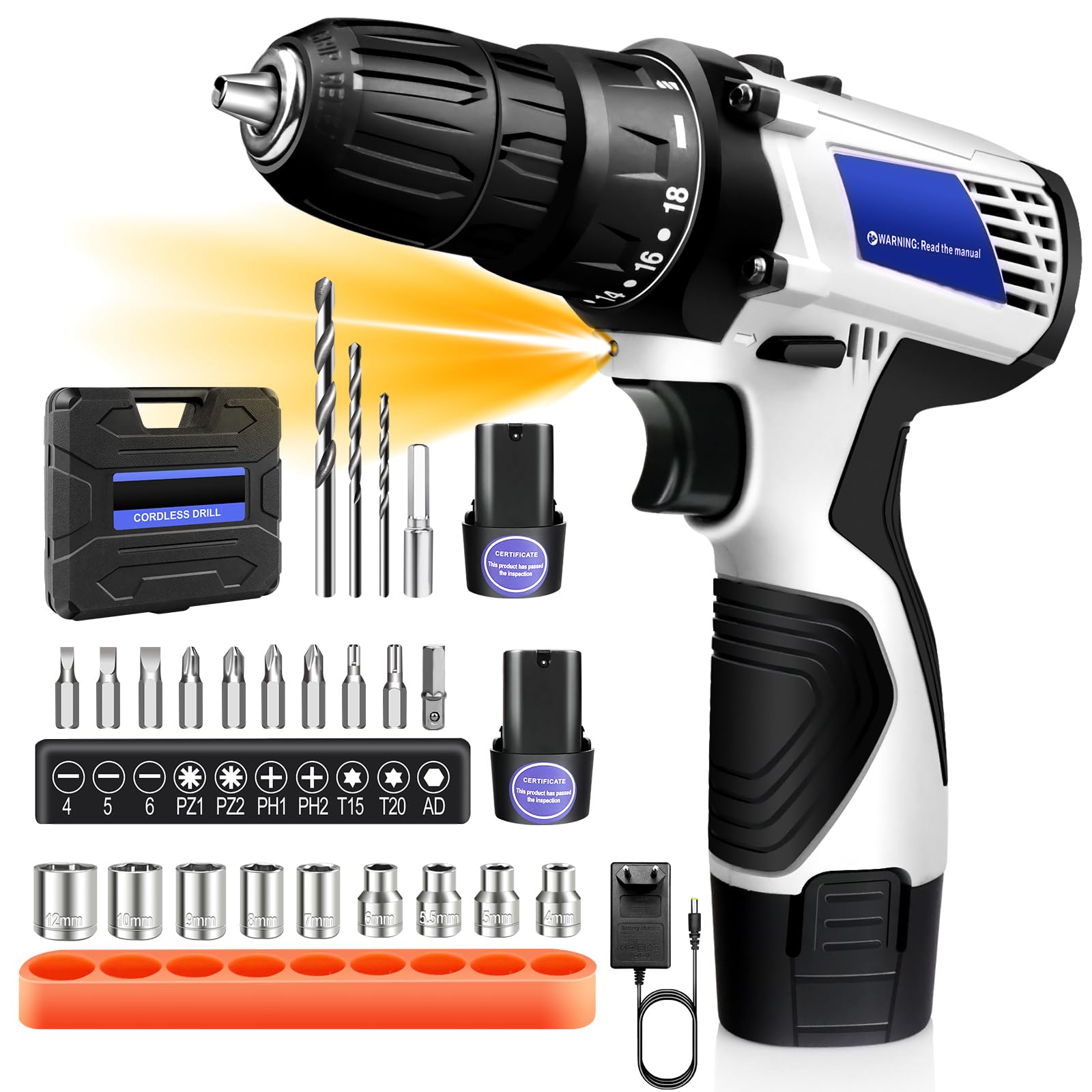 E-shop 16.8V Akkuschrauber Set, Akku-Schlagbohrmaschine Akku bohrschrauber mit 1 oder 2 Akkus und Ladegerät, 2-Gang & LED, 3/8" Bohrfutter, Akkubohrer