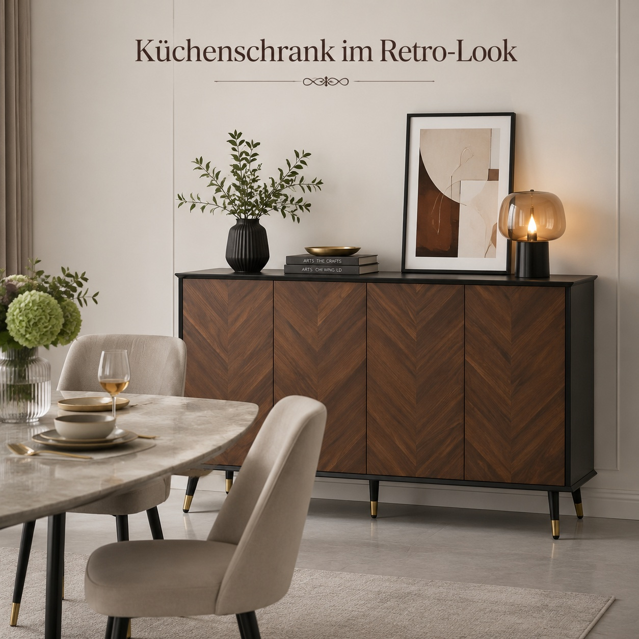 Image of Luxury Retro Sideboard With , Herringbone Pattern Walnut Finish, Elegant Buffet Cabinet With Golden Feet For Dining Room, Living Room, Hallway, 140 L X 40 W X 80 H