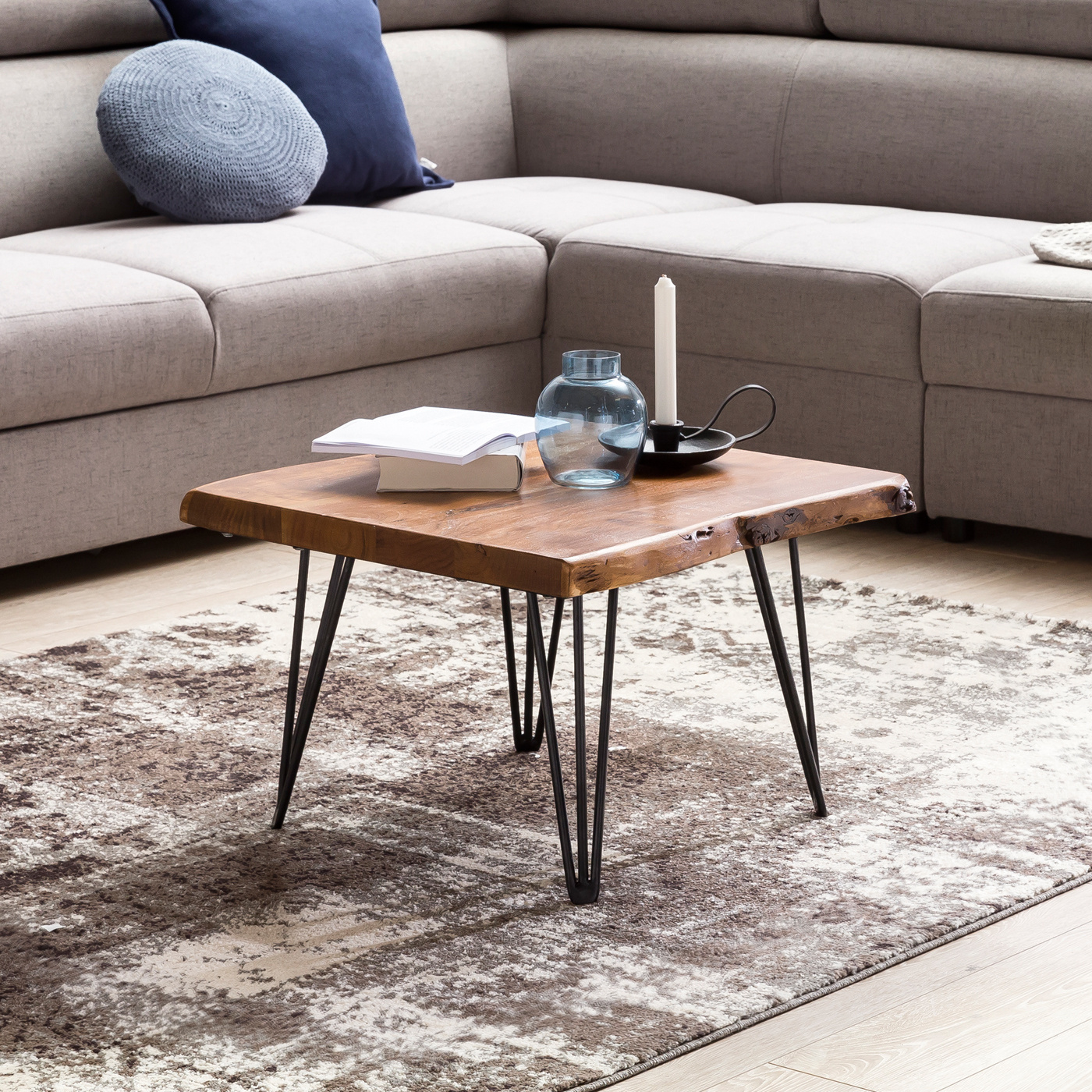 Solid Wood Coffee Table With Tree Edge, 56 X 38 X 51 Cm, Wood Table With Metal Legs, Rustic Farmhouse Style Living Room Table