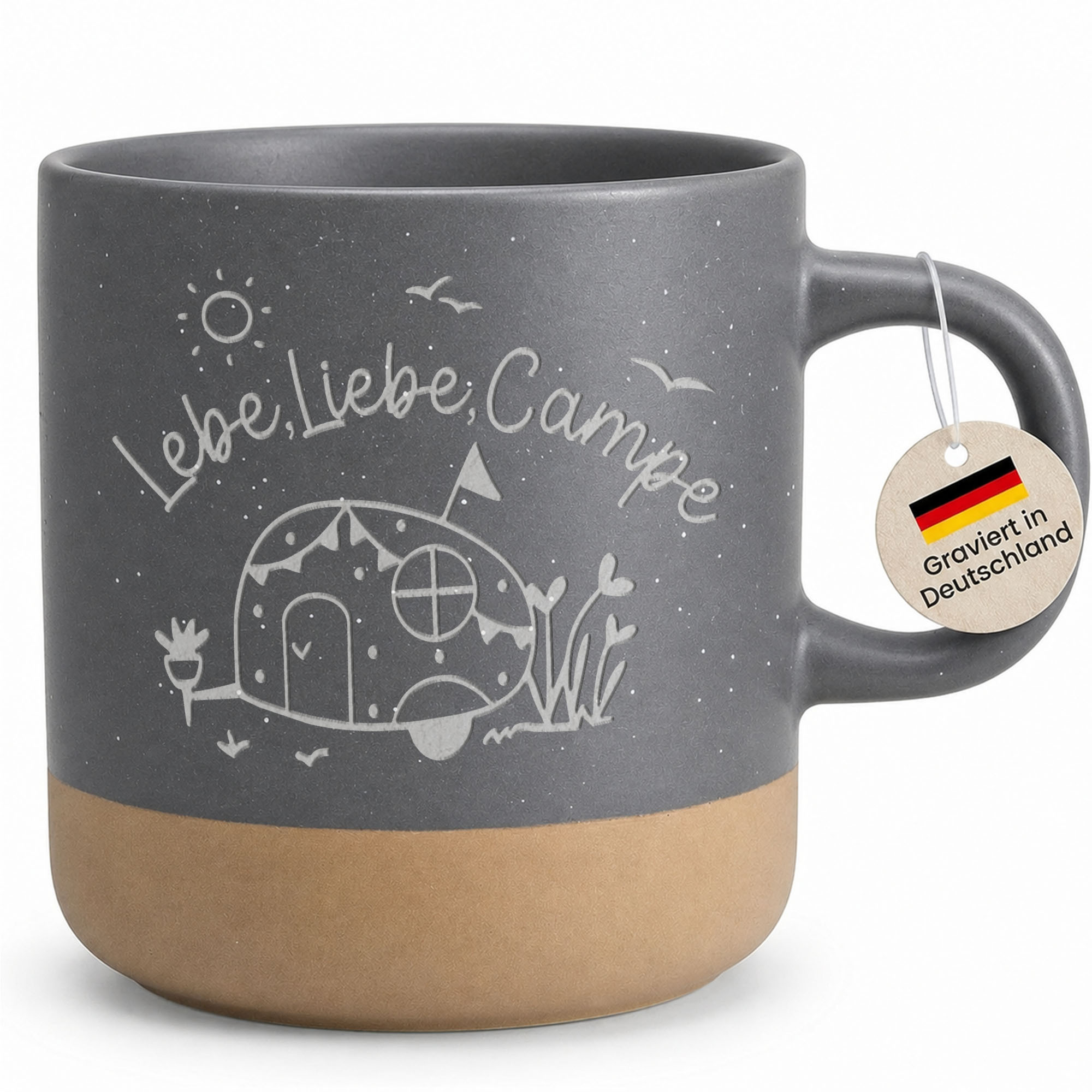 Camping Mug Engraved "live, Love, Camp" Campervan Design Gift For Campers, Camping Enthusiasts, - Stoneware Coffee Mug, Grey - Left Handle
