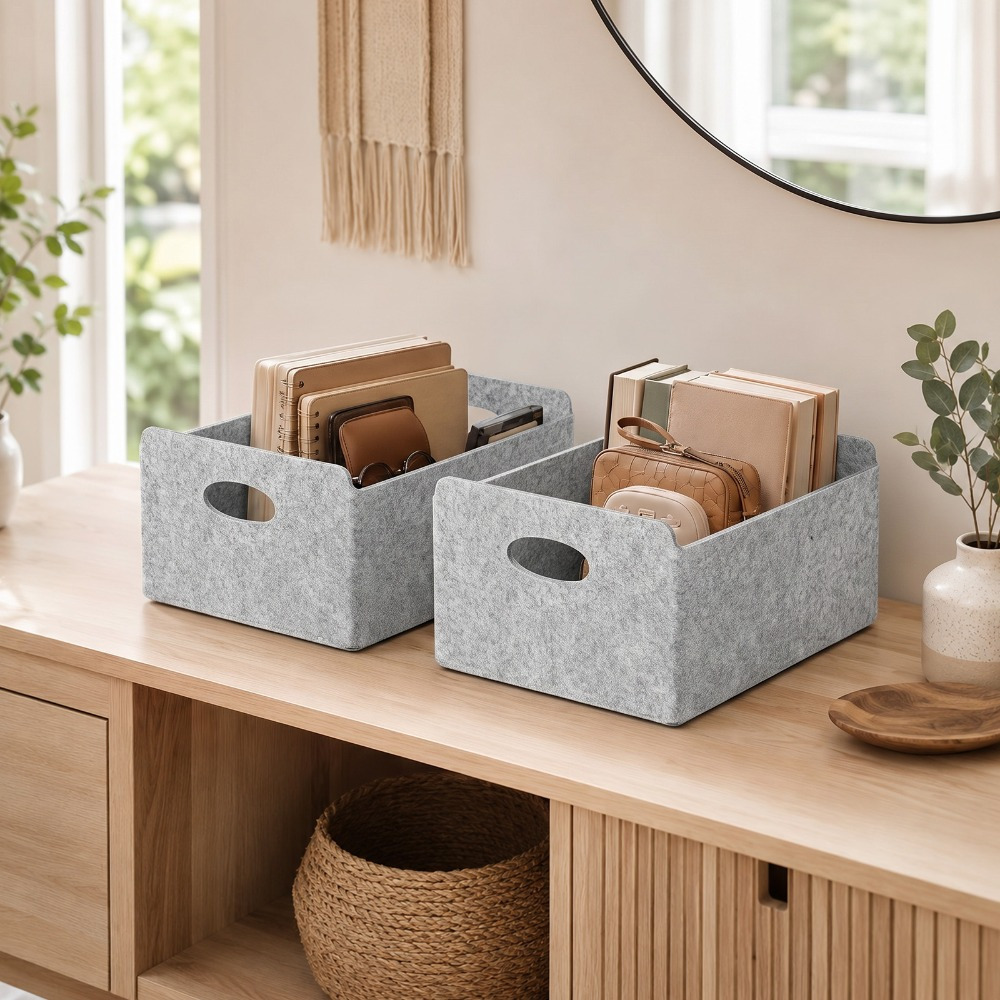 Image of 3-piece Set Of Foldable Felt Storage Baskets With Handles, Light Boxes For Living Room, Hallway, And Bathroom
