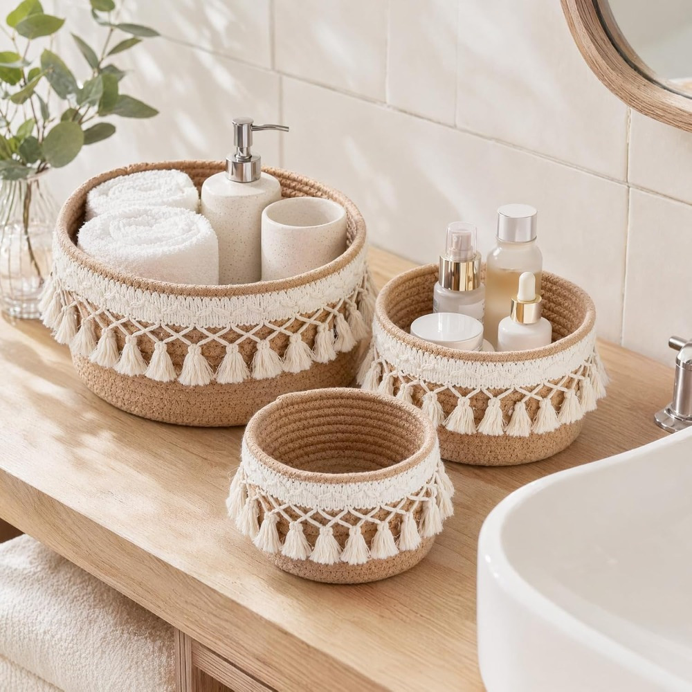 TEMU 3-pack Cotton Rope Woven Storage Baskets With Fringe, Mini Boho Organizer Bins For Shelves, Desk, Vanity, And Bathroom