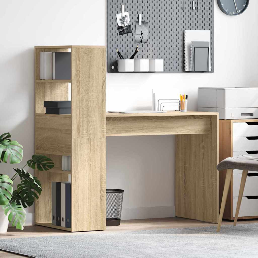 Image of Vidaxl Modern Desk With Storage Oak 113x54x120 Cm Chipboard Study Desk For Office And Home Use Scratch-resistant Surface Easy Assembly Wooden Brown Computer Desk