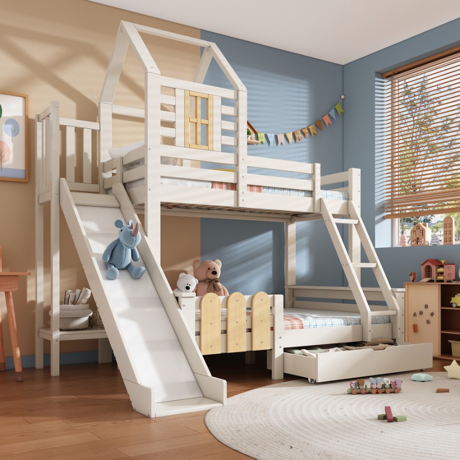 Bunk Beds for Kids, Wooden Cabin Bed with Ladder and Slide, Multi-functional Tree-house Bed, Children's House Bed, Twin Sleeper (90+135) x 190 cm, Solid Wood, White