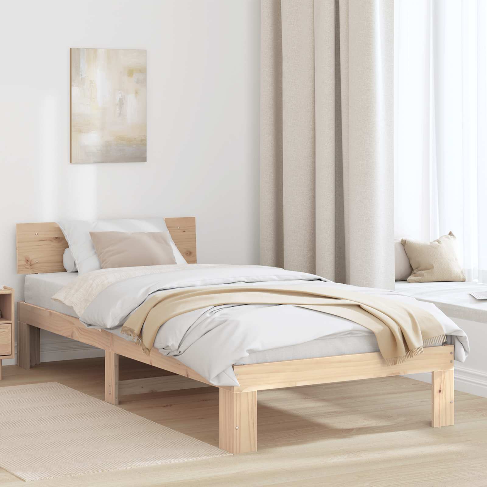 Bed Frame With Headboard, X 200 Cm, Solid Pine Wood, Stylish Modern Bed Frame, Rectangular Pine Design, Comfortable Bedroom Furniture, Practical Headboard