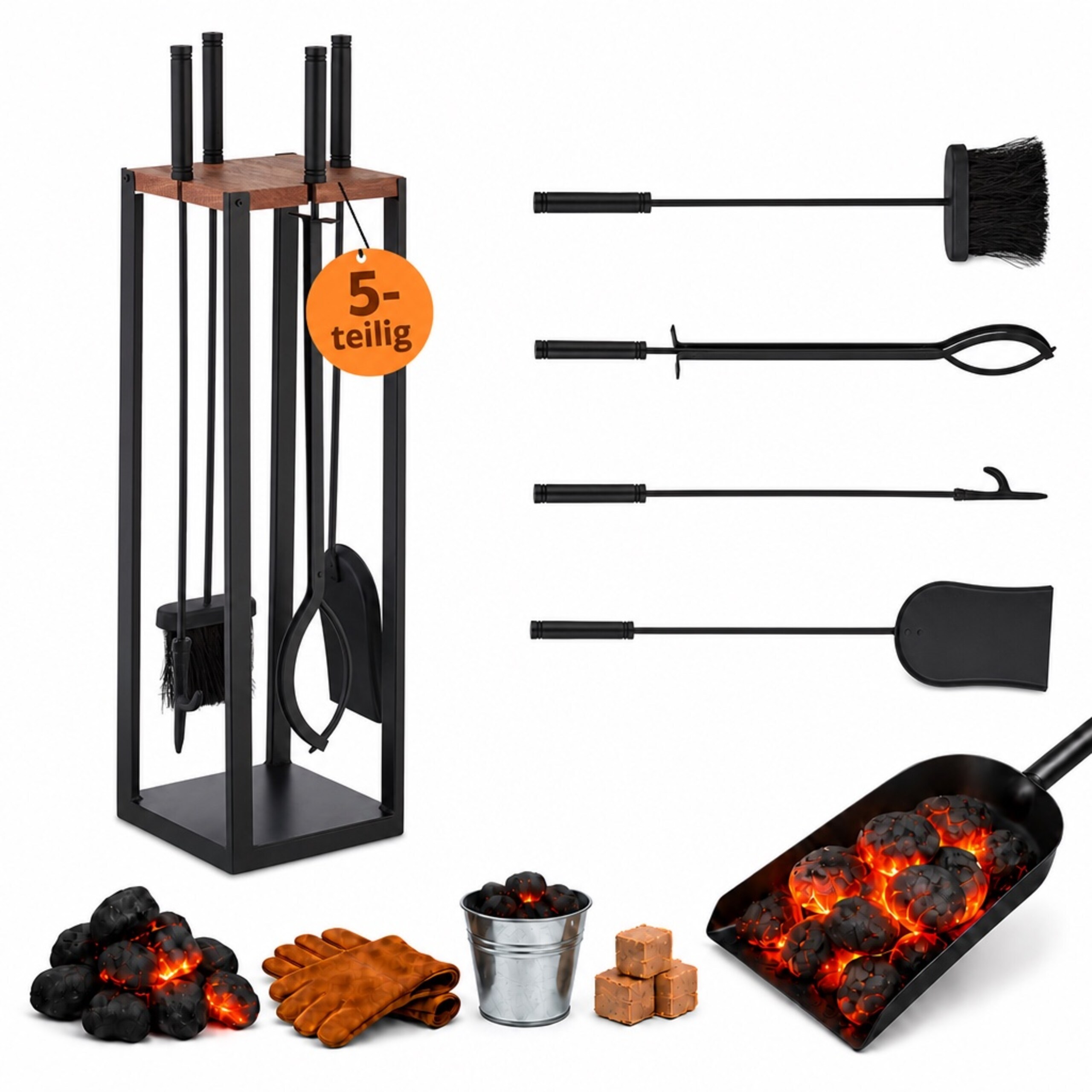 Image of Fireplace Tool Set, 5-piece, 78 X 20 X 20 Cm, Iron, Aluminum, And Mango Wood, Black And Brown, With Stand, For Fireplace, Stove, And Fire Pit, Stove Tool, Fire Hook, Relaxdays