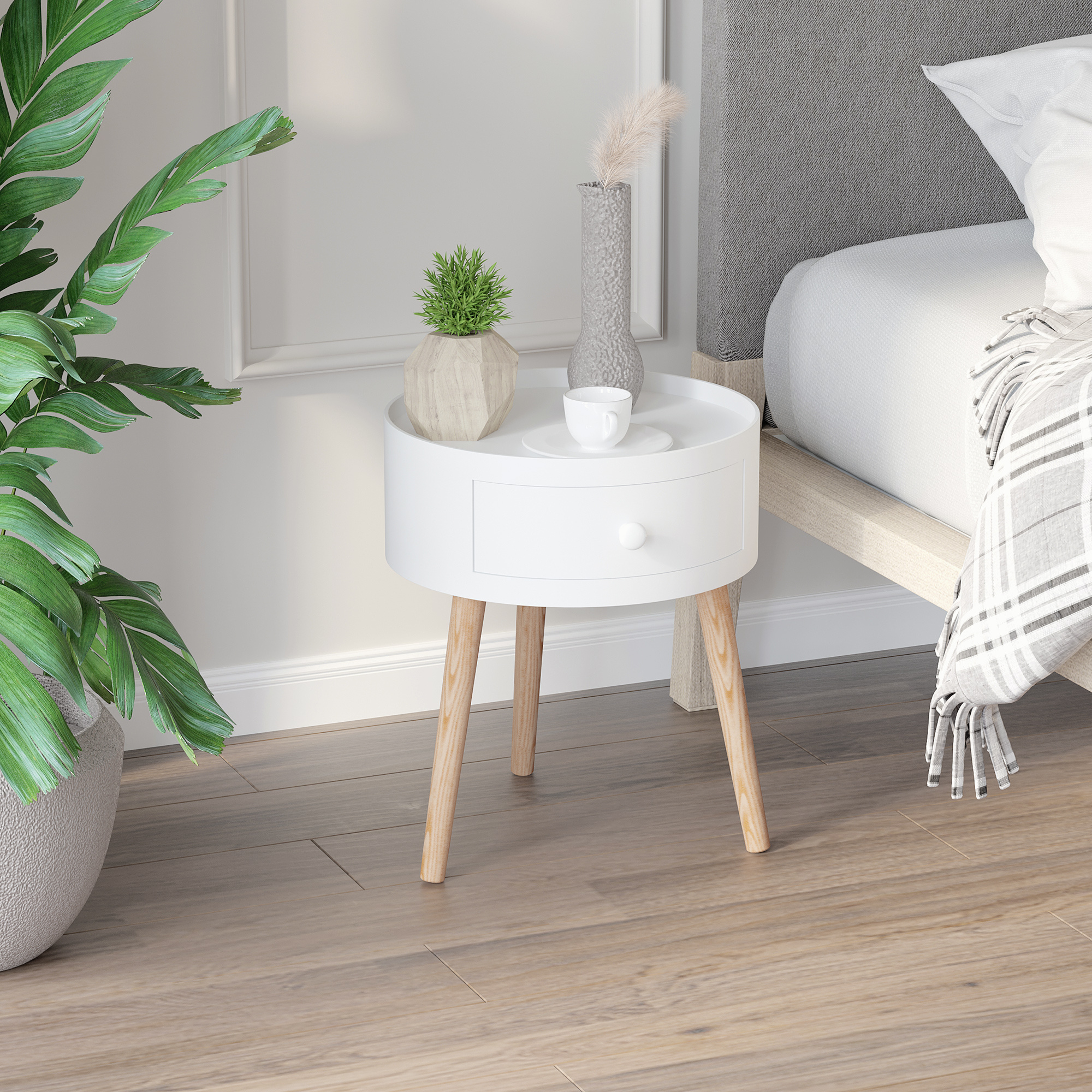 Image of Coffee Table, Side Table With Drawer, Round Coffee Table, Sofa Table For Living Room, Bedroom, Load Capacity Up To 50 Kg, White, 38 X 38 X