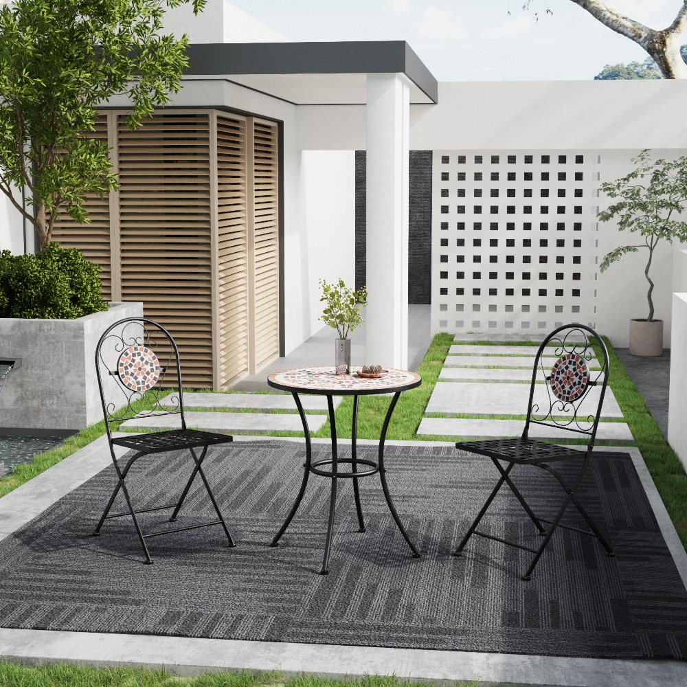 3PCS Mosaic Patterned Table Set with Garden Table and Folding Chairs