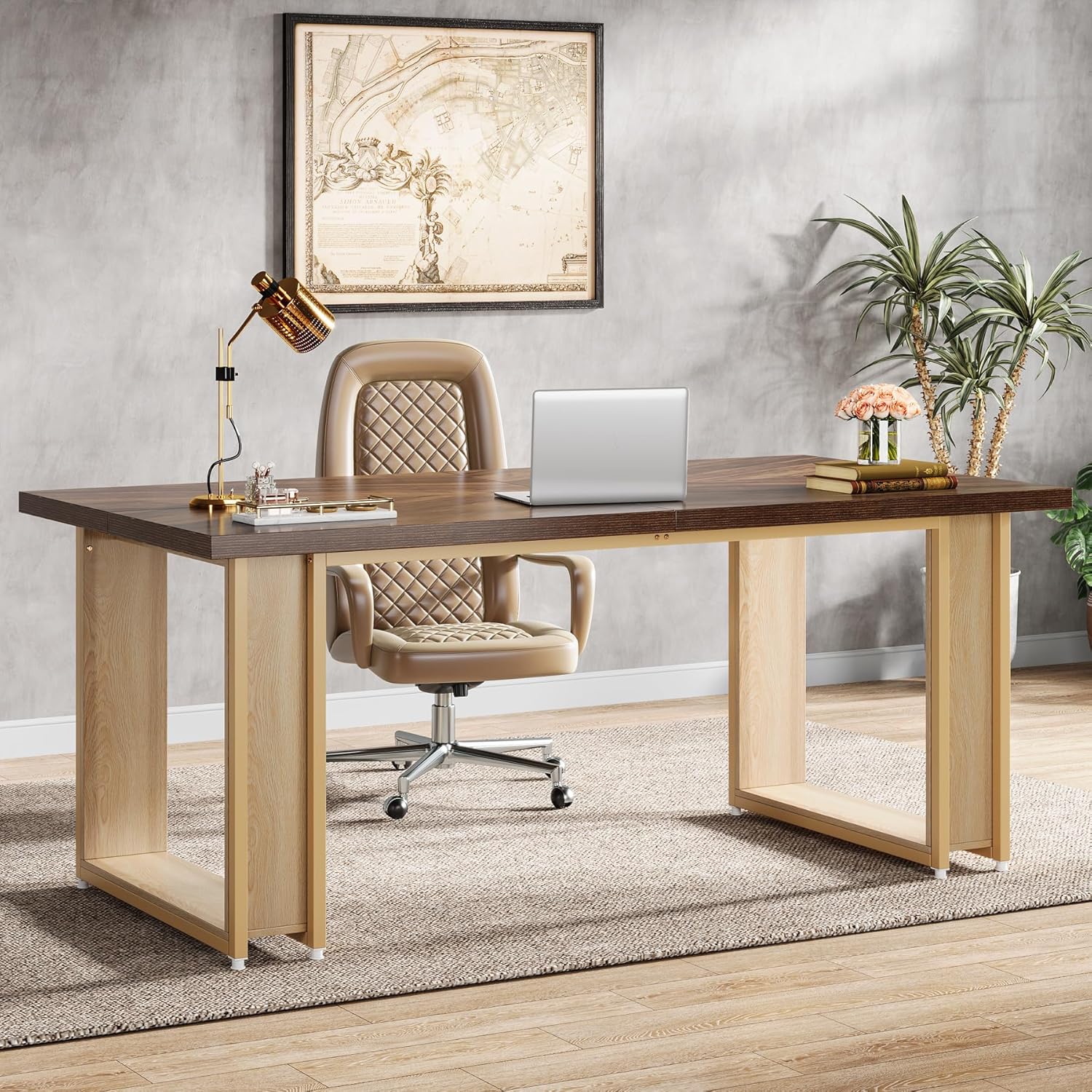 Modern 160 Cm Desk For Office, Wooden Table, Large Computer Desks, Rustic Brown Desk, Business Workstation With Sled Frame, Sturdy Metal Frame