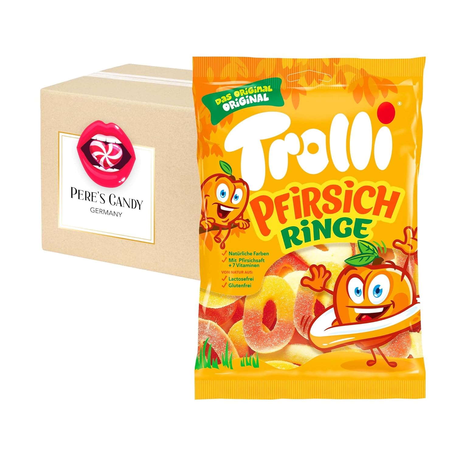 Trolli Peach Rings Fruit Gum 7x150g - Sugar-coated Fruit Gum Rings With Whipped Sugar And Peach Juice From Peach Concentrate 1050g