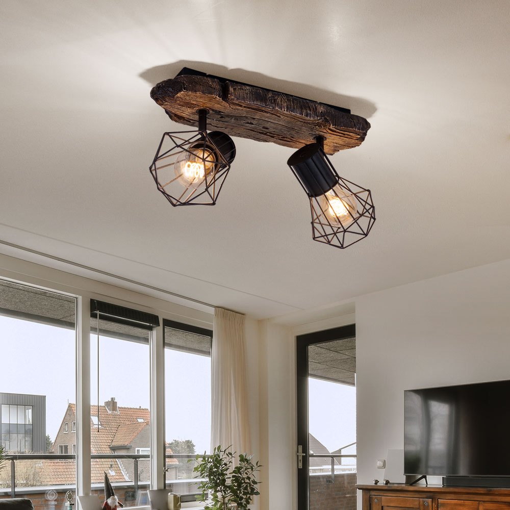 Image of Ceiling Lamp Living Room Wood Optic Ceiling Spotlights 2 Retro Wicker Spots Adjustable, Metal Plastic, 2x E27 Socket, Lxbxh 38.5x12x23 Cm