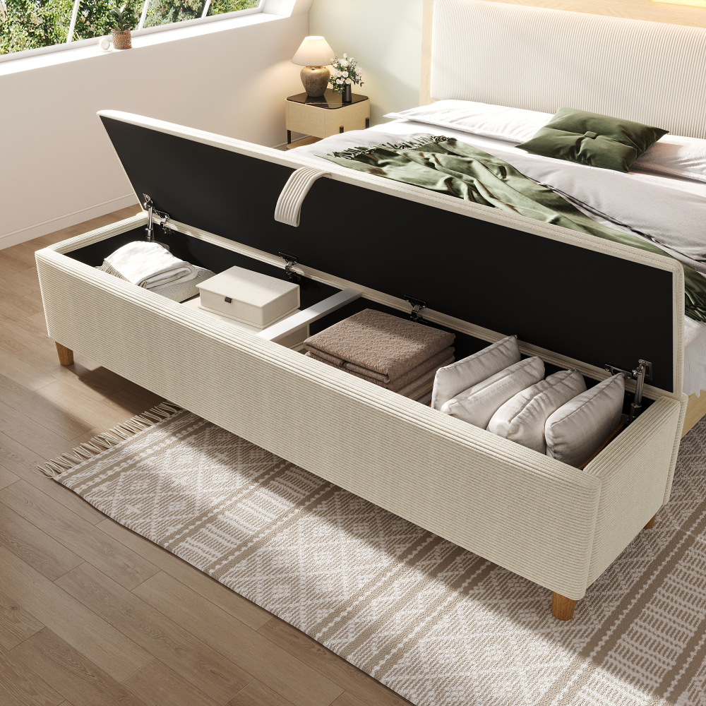 Image of Storage Bench With Storage Space, 165 X 38 Bench, Upholstered Bench With Hydraulic Storage Space, Storage Box, Suitable For Bedroom, Living Room And Hallway, Beige Cord Optics.