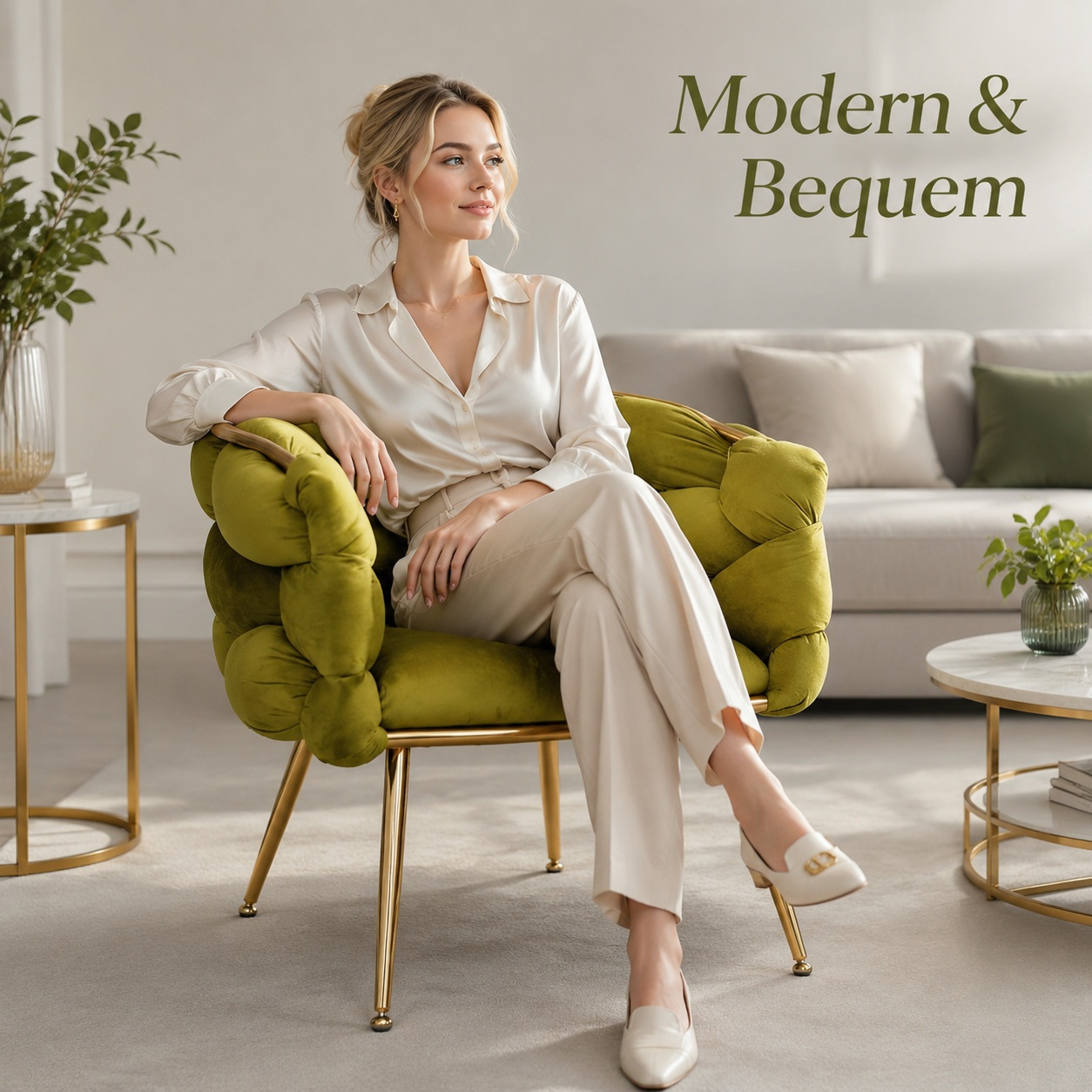 Image of Olive Green Velvet Single Leisure Chair With Gold Metal Frame – Luxurious Accent Chair For 73*56*75cm