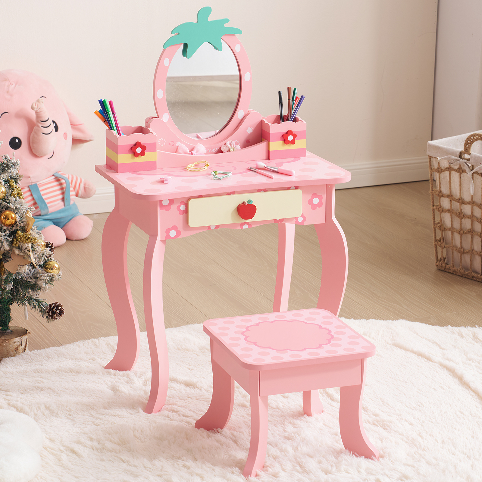Princess Vanity Table Set With Stool, Pink Wooden Makeup Desk With Cute Fruit Print, Dressing Table For Bedroom