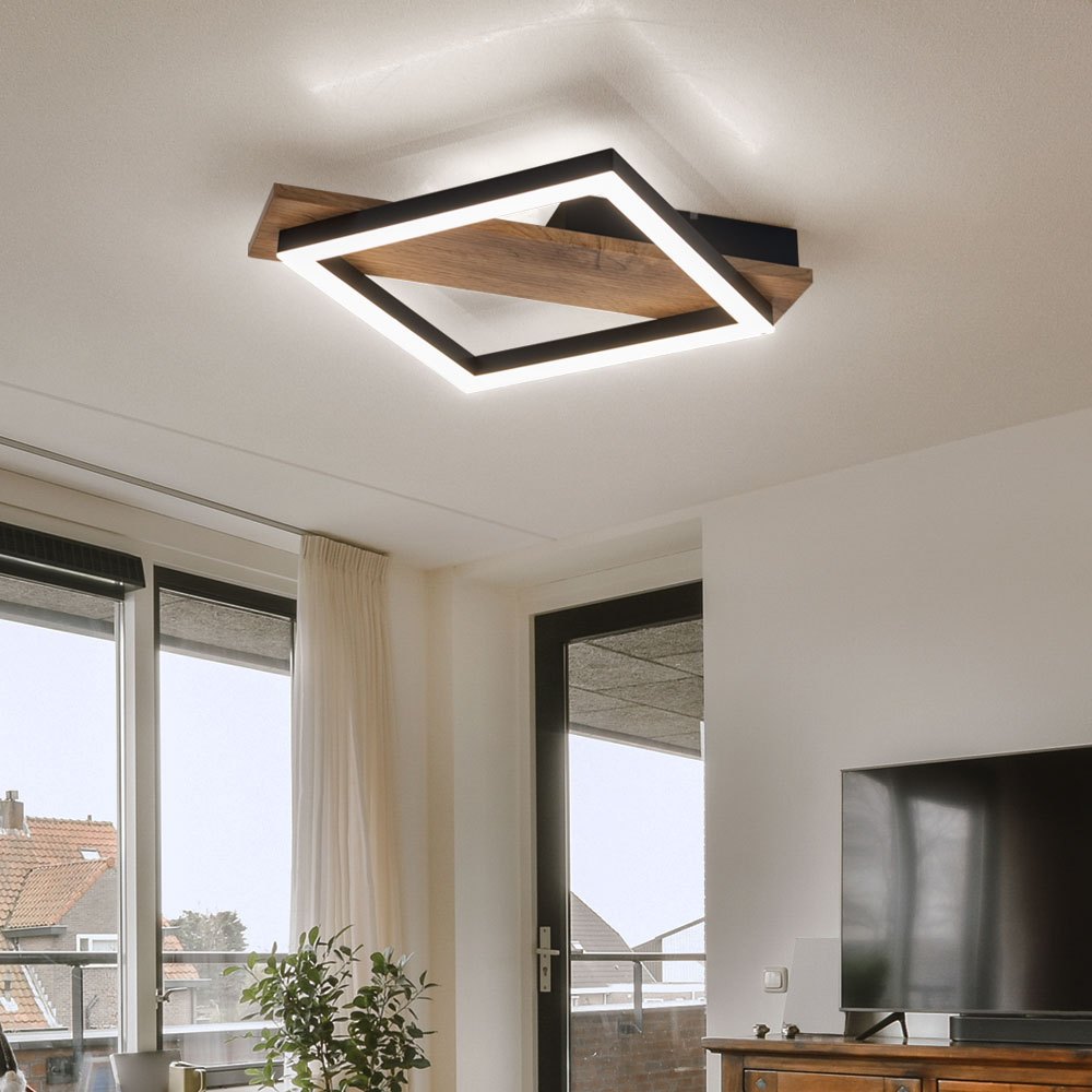 Led Ceiling Lamp, Design Lamp For Living Room, Dining Room, Kitchen, Metal With Wood Look, Plastic, Black, 12w 3000k Warm White, H 5.5 Cm