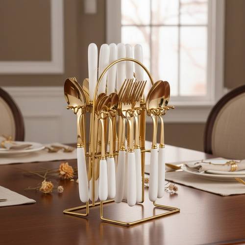 24pcs stainless steel tableware set with ceramic handles set with utensil holder for home use restaurant serves for 6 people