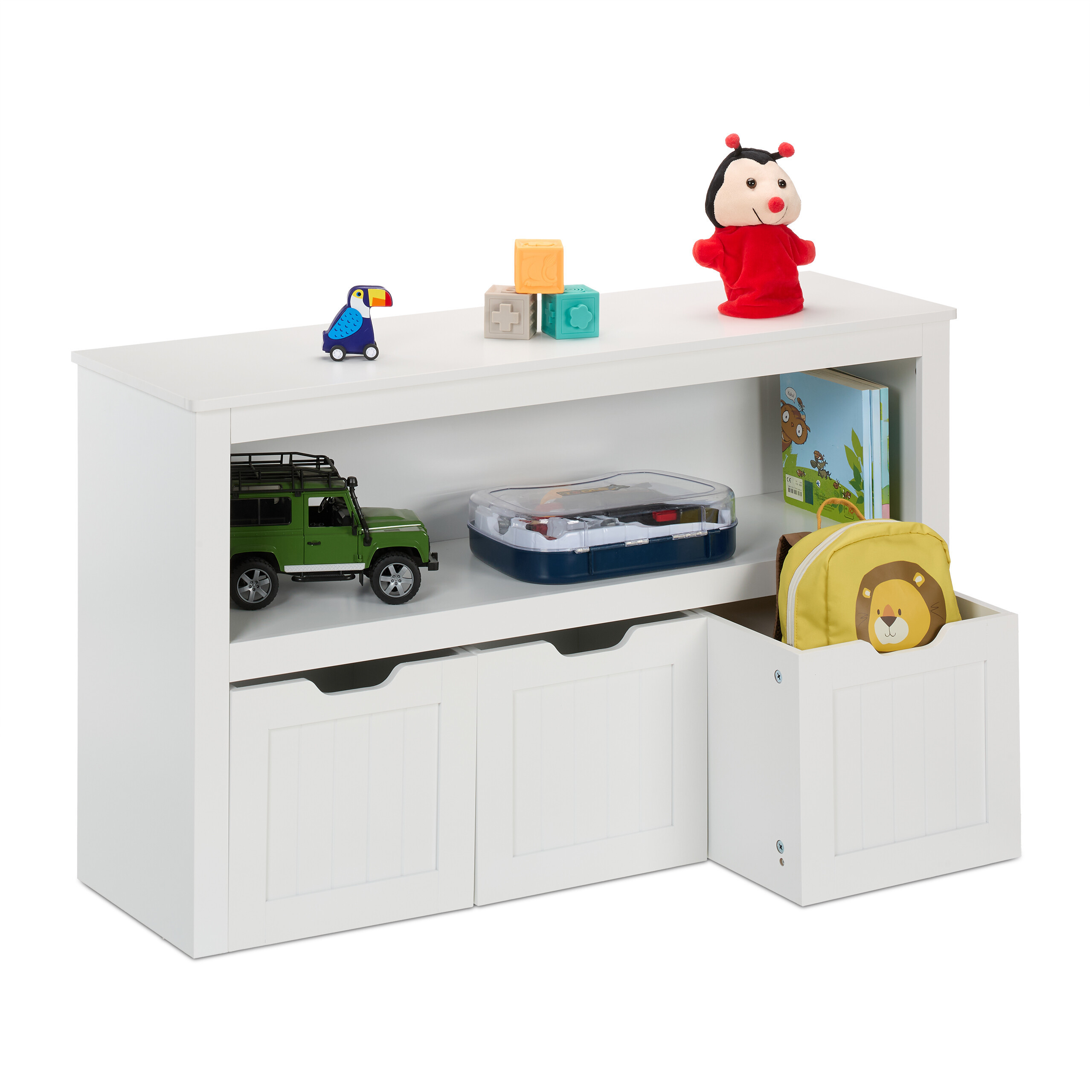 TEMU Toy Storage Shelf With Wheeled Boxes, 3 Boxes, 60 X 102 X 30 Cm, Mdf, White, 2 Shelves, Pull-out Containers, Wall-mountable, For Kids' Room,