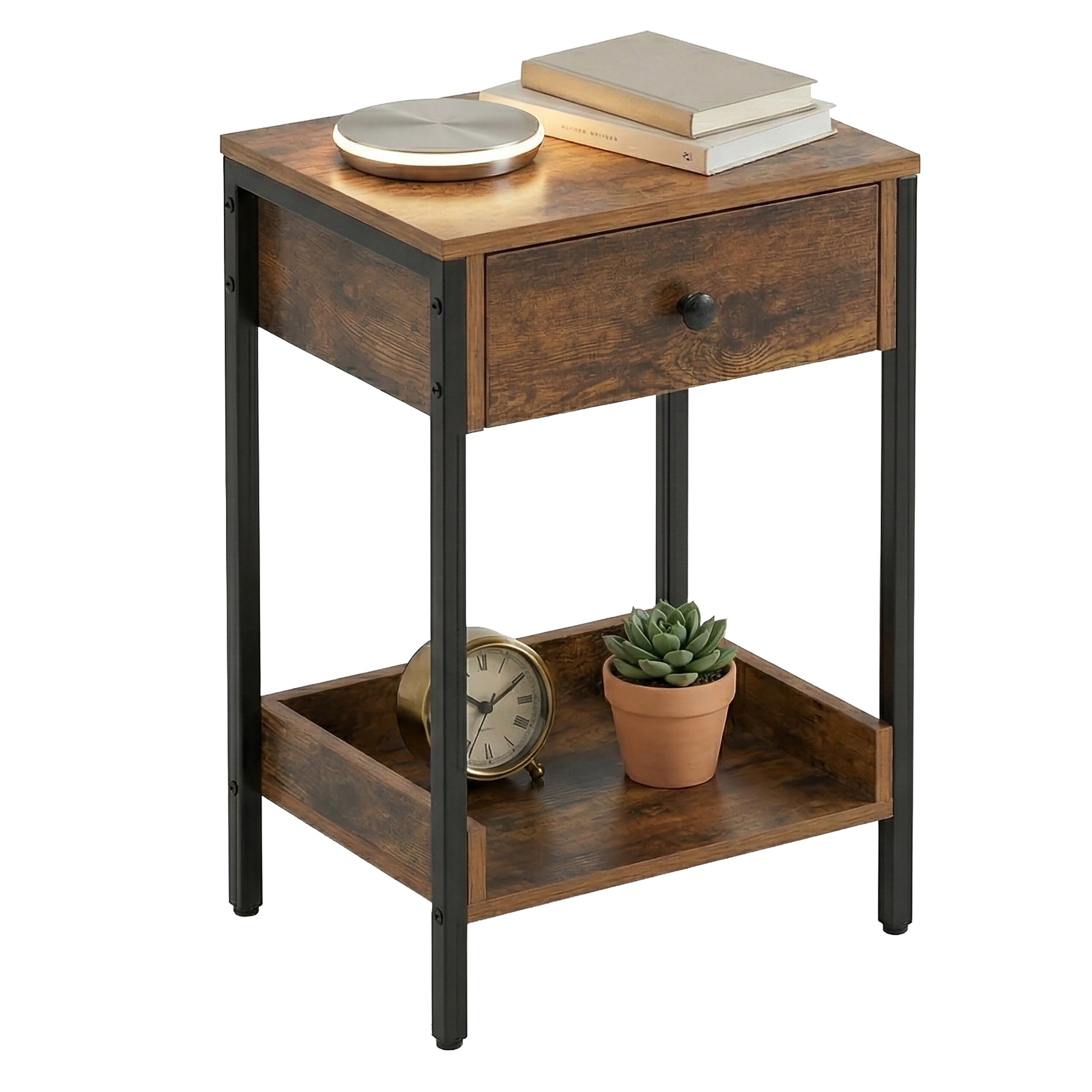 TEMU Mesa auxiliar, cajón y balda, 69.5 x 38 x 28 cm, MDF, acero y PP, marrón y negro, patas regulables, estilo industrial, para salón, dormitorio y